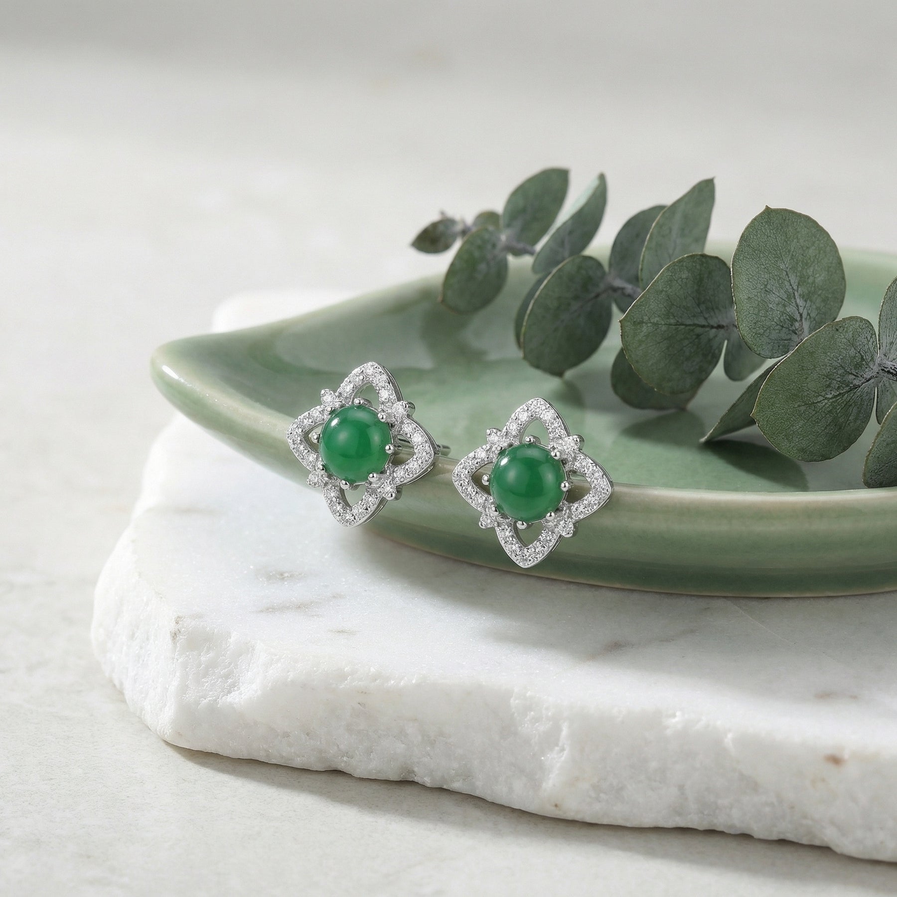 Green Cabochon Floral Halo Studs – sterling silver earrings, side detail