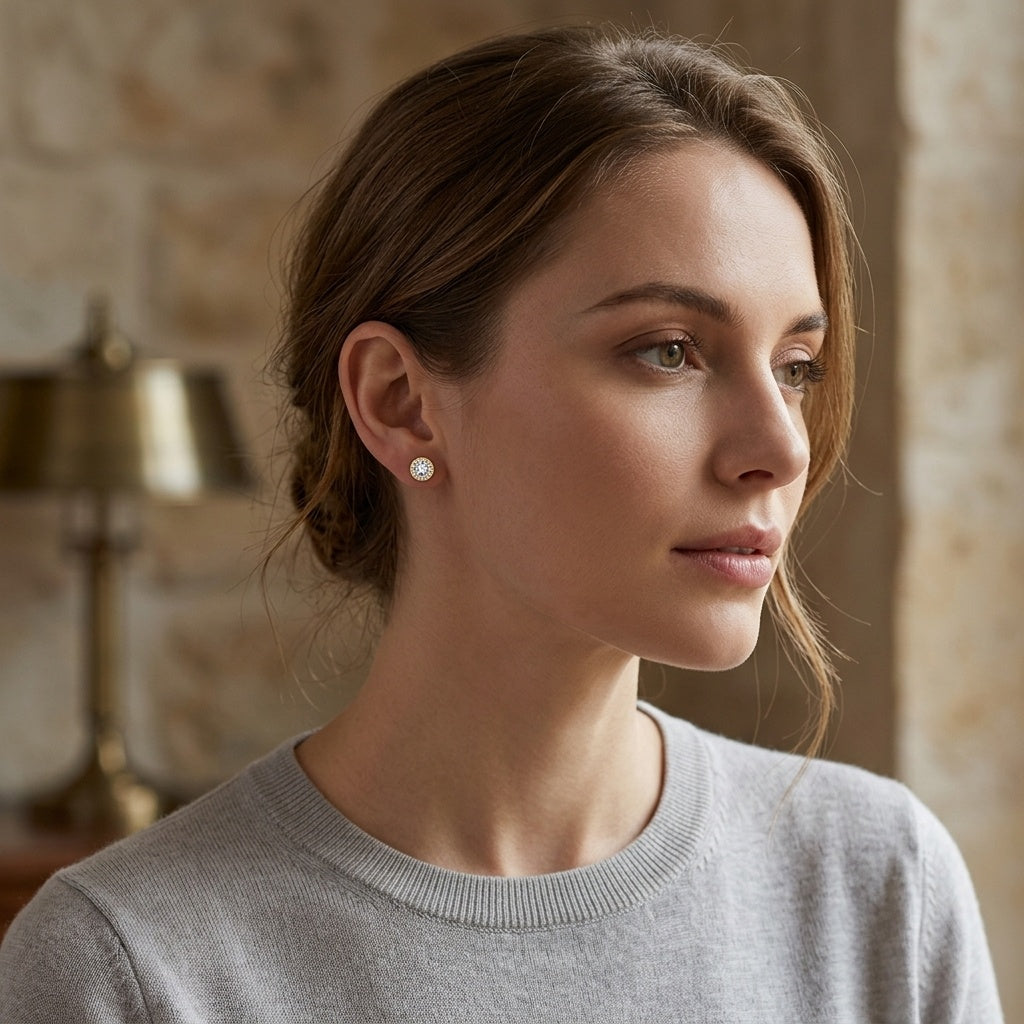 gold-tone Halo Stud Earrings, Butterfly Backs – sterling silver earrings, side detail