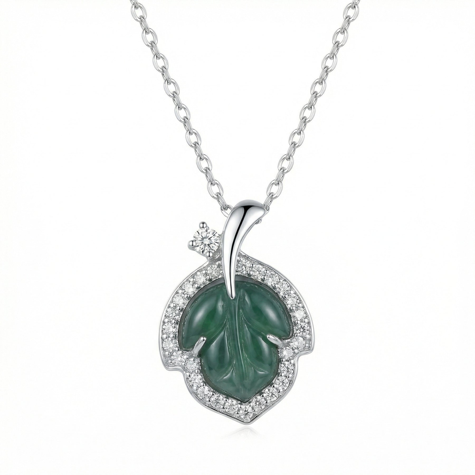 Green Jade Leaf Pendant Necklace – jade necklace, front view