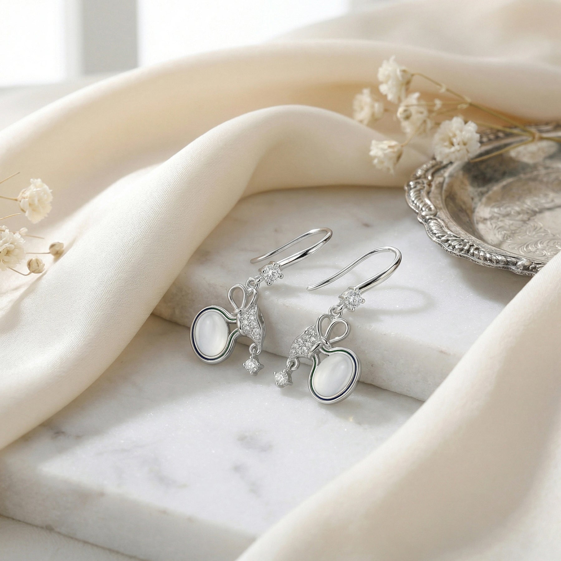 Bow Drop Earrings with Moonstone – sterling silver earrings