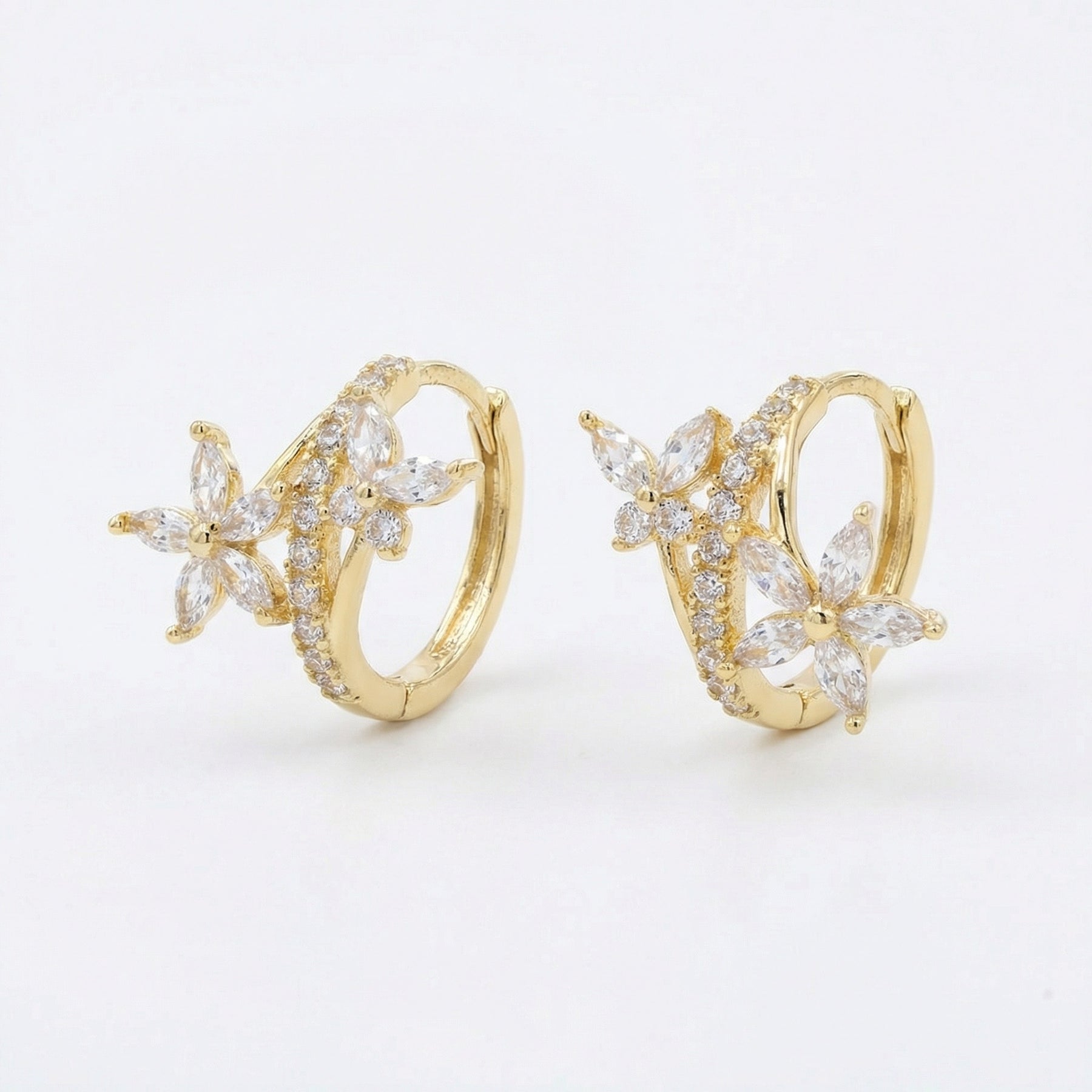 Floral Marquise Huggie Hoop Earrings – sterling silver earrings, front view
