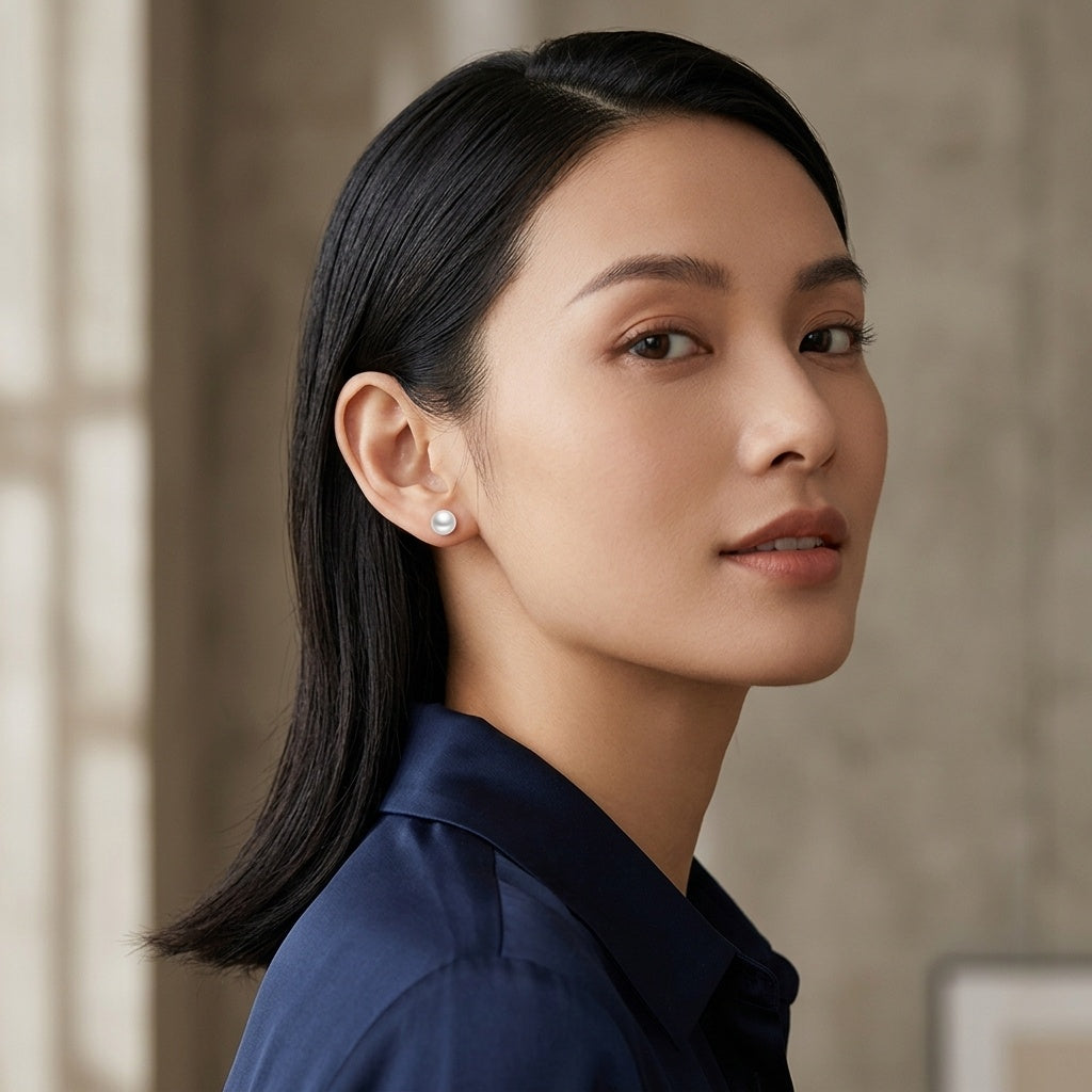 Pearl Studs with Gilded Backings – pearl earrings, close-up