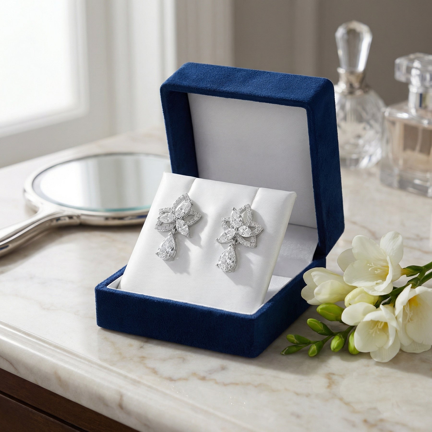 Lily-Inspired Floral Drop Earrings – sterling silver earrings, front view