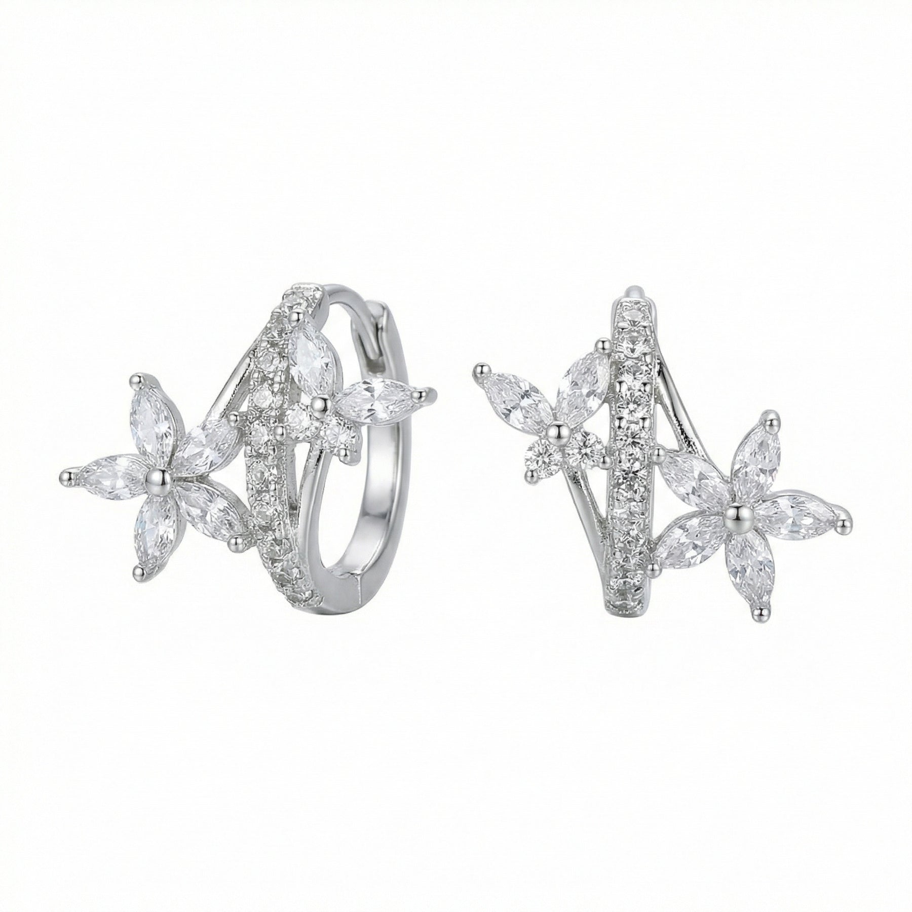 Flower and Butterfly Huggie Hoop Earrings – sterling silver earrings, front view