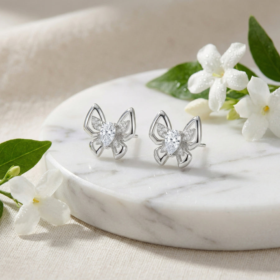 Silver Butterfly Studs, Pear Accents – sterling silver earrings, front view