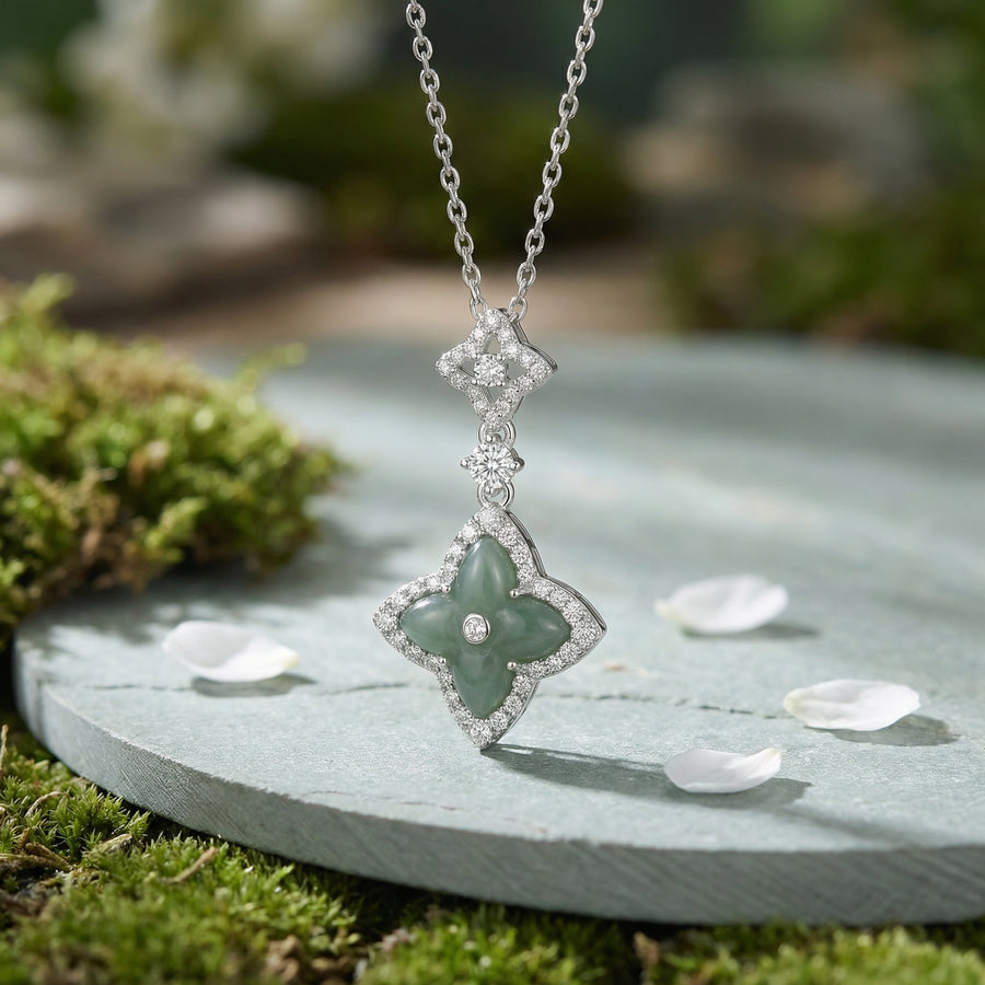 Jade Flower Clover Pendant Necklace – jade necklace, front view