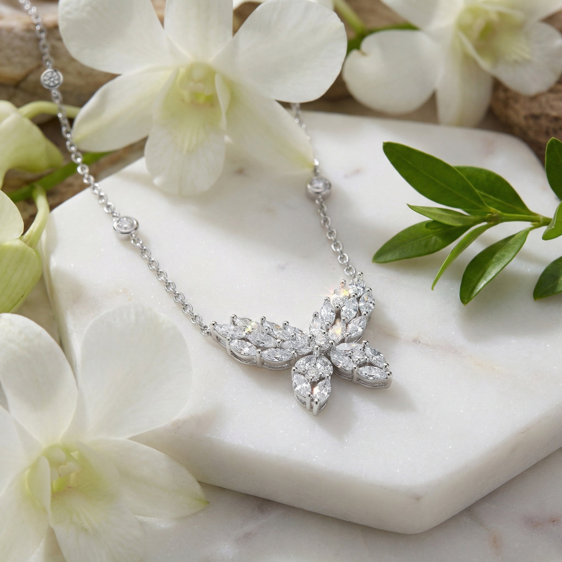 Marquise Butterfly Station Necklace – sterling silver necklace, front view