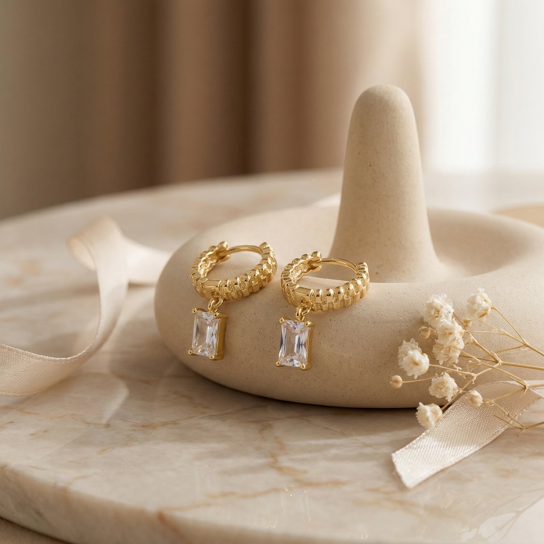 Ribbed Huggie Hoops, Crystal Drop Accent – crystal earrings, front view