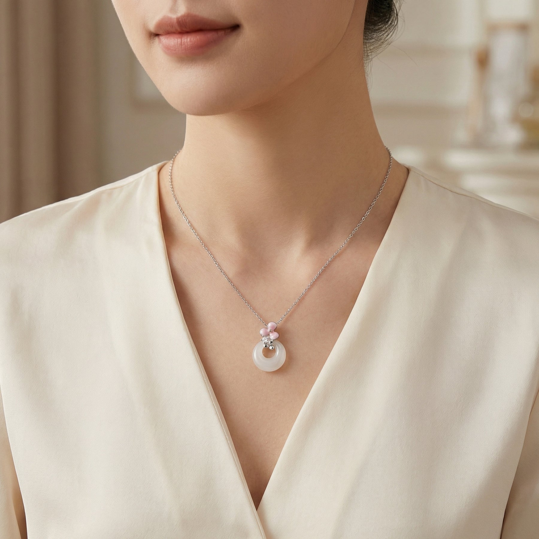 White Jade Donut Necklace with Pink Flower – jade necklace, close-up