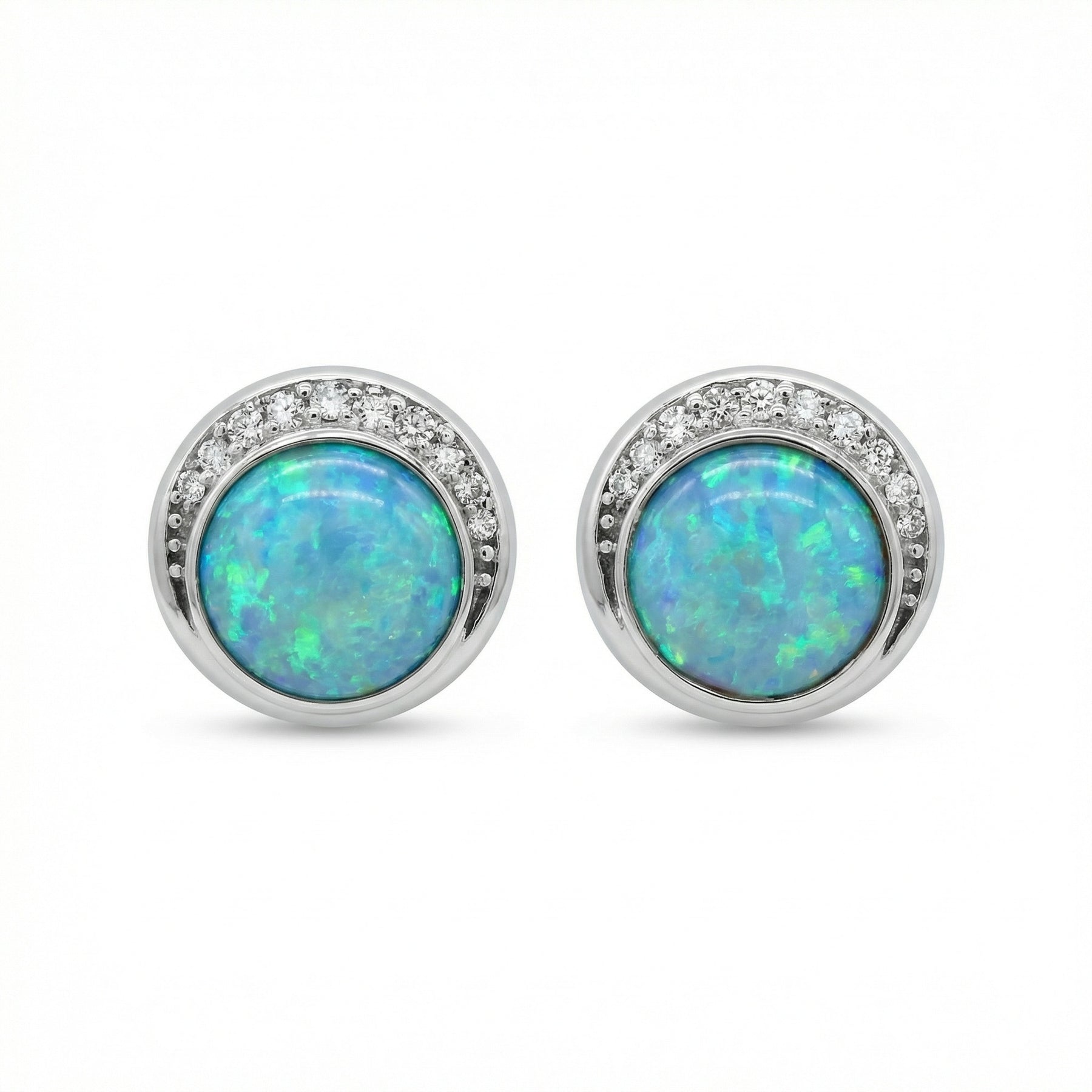 Blue-Green Opal Crescent Halo Studs – opal earrings, close-up