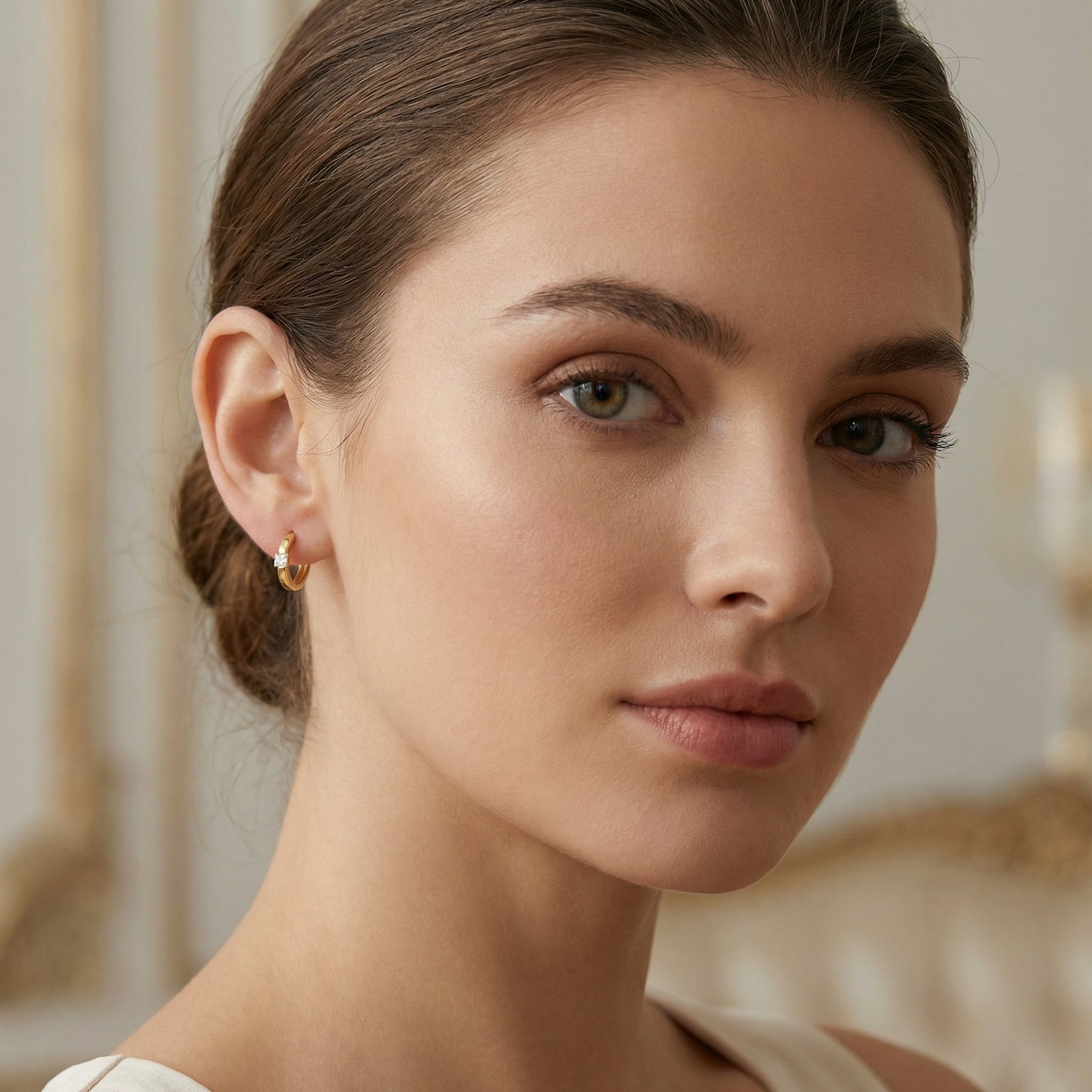 Princess-Cut Huggie Hoop Earrings – sterling silver earrings, close-up