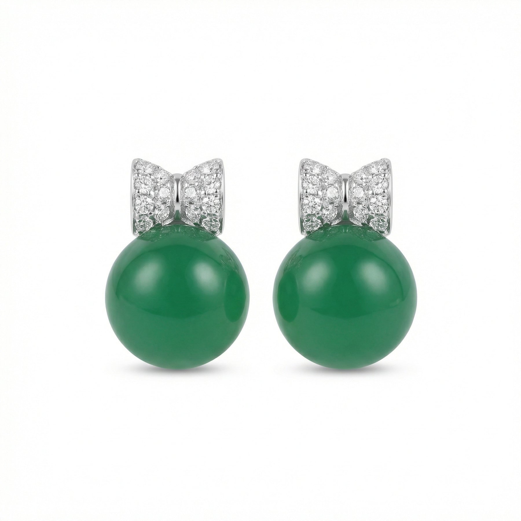 Green Sphere Ribbon Bow Earrings – sterling silver earrings, front view