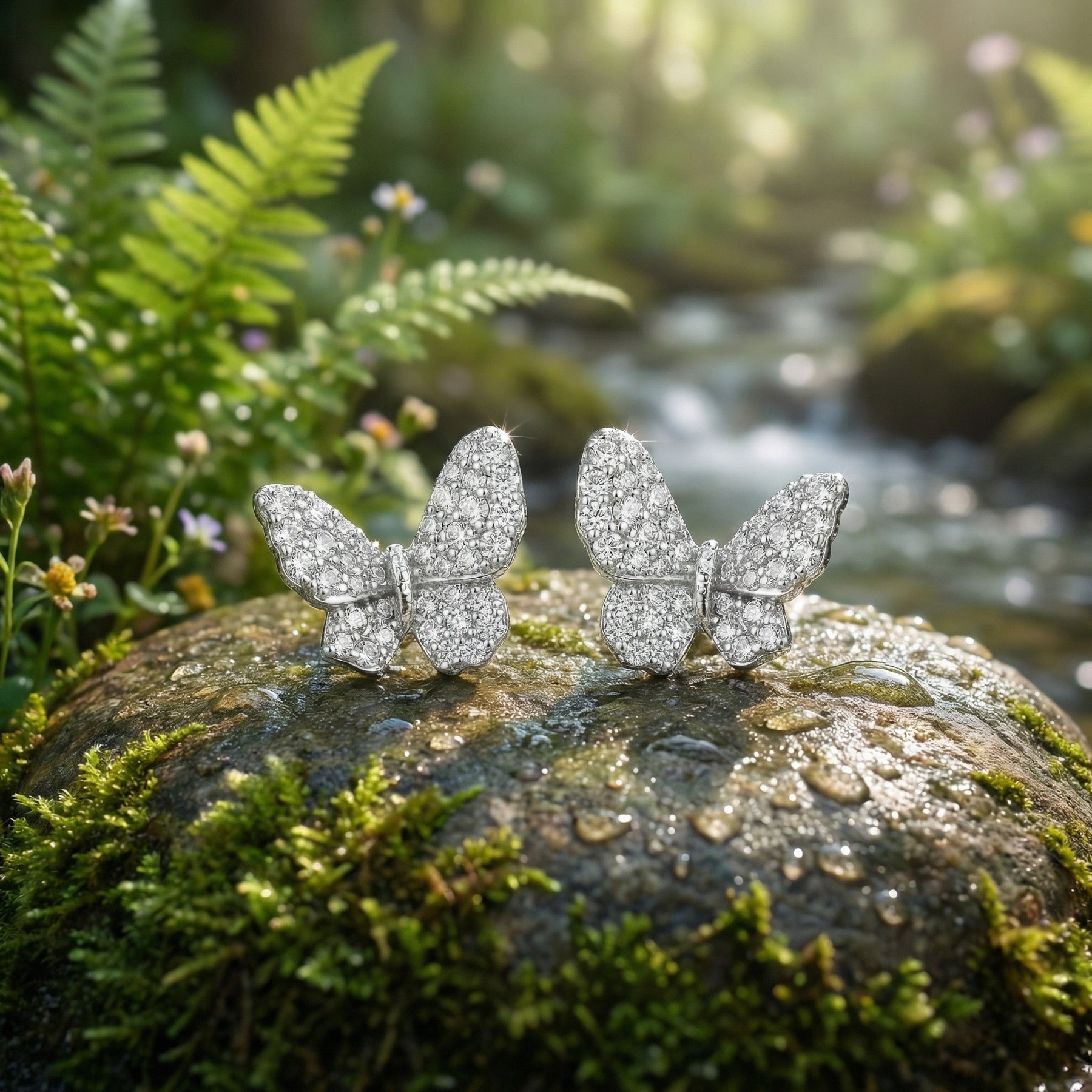 Pavé-Set Butterfly Stud Earrings – sterling silver earrings, close-up
