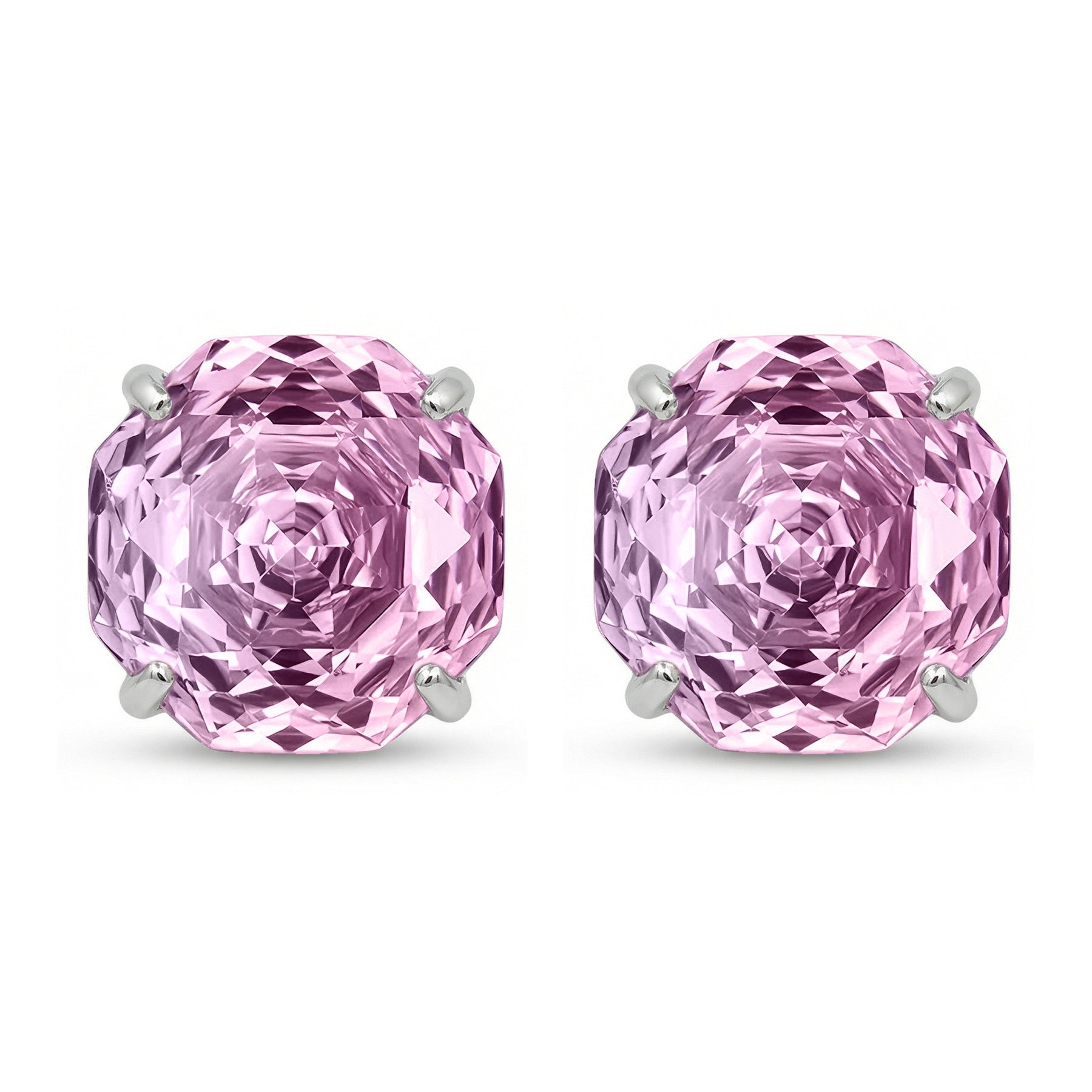 Octagonal-Cut Pink Gemstone Studs – sterling silver earrings, close-up