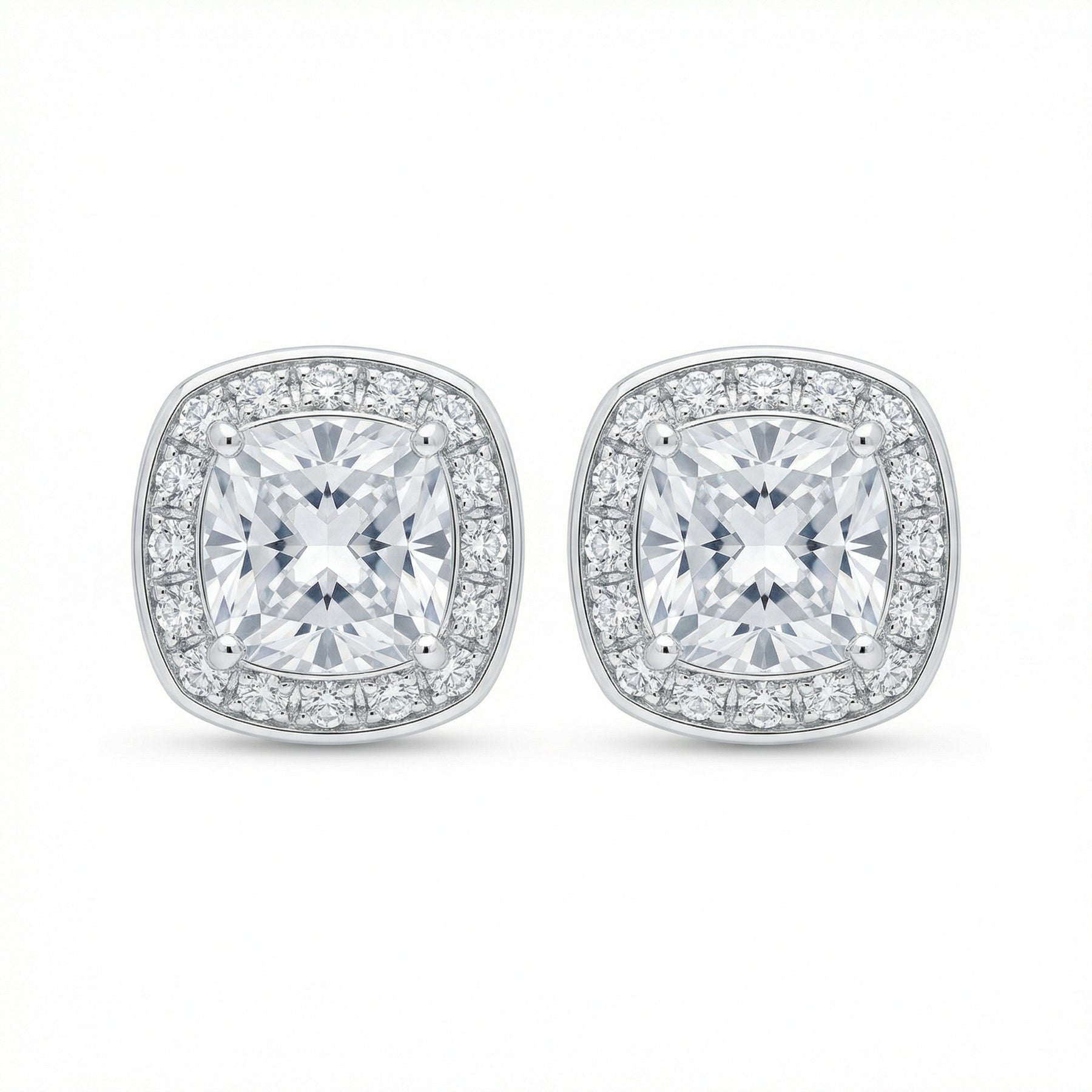 Cushion-Cut Halo Studs, White Finish – sterling silver earrings, close-up