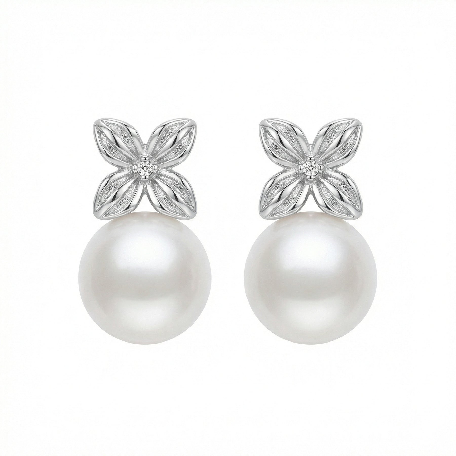 Pearl Floral Stud Drop Earrings – pearl earrings, front view