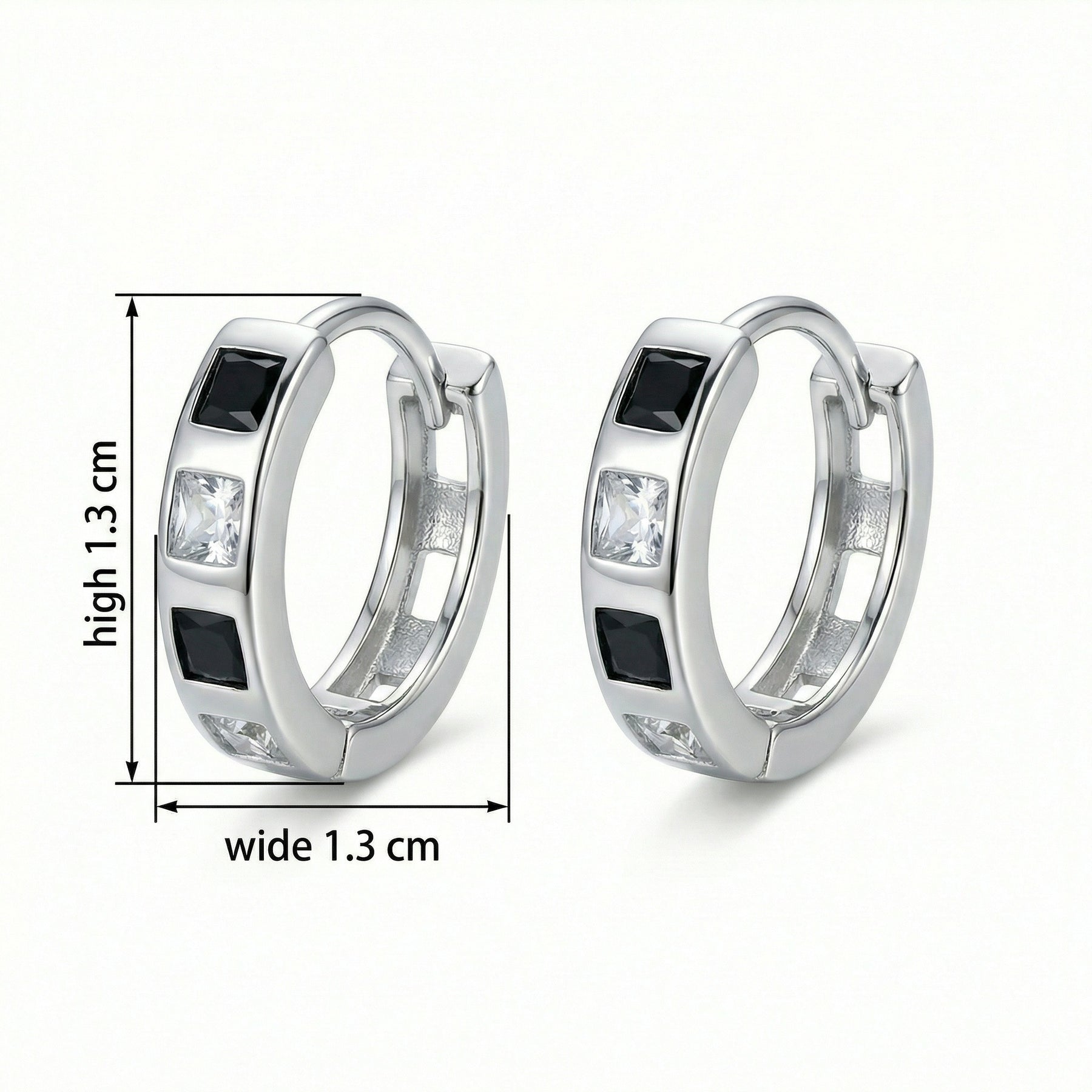Black and Clear Square CZ Huggie Hoops – zircon earrings, front view