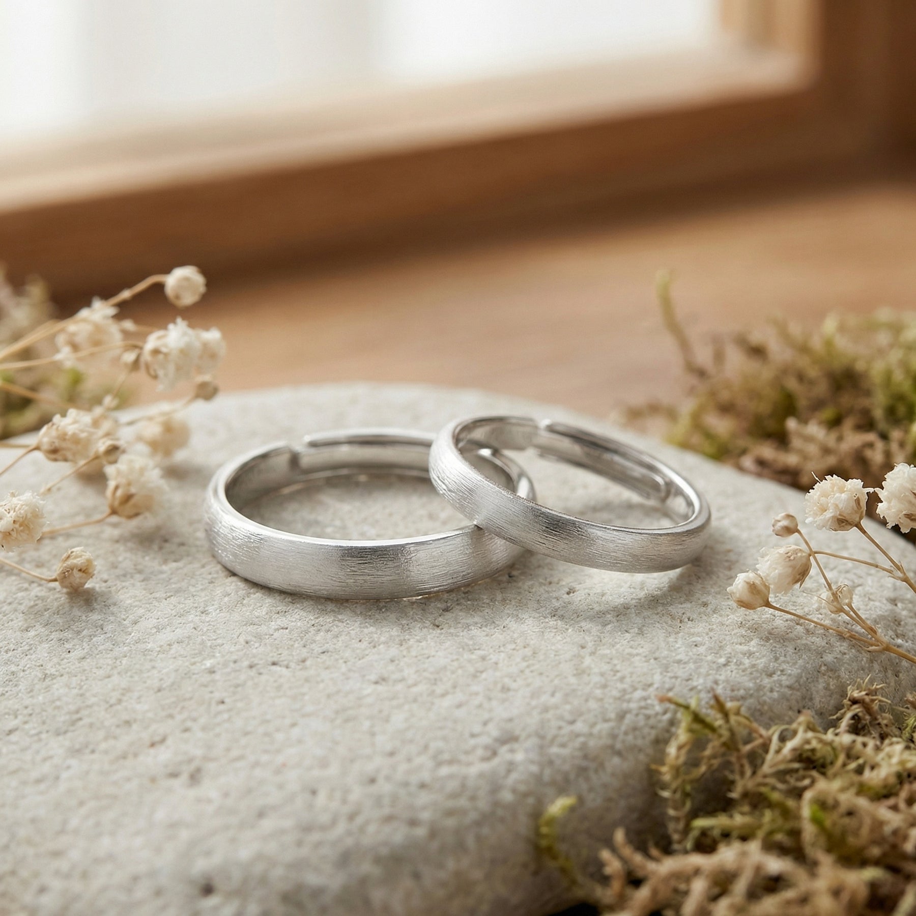 Brushed Silver Matching Couple Rings – sterling silver ring, front view