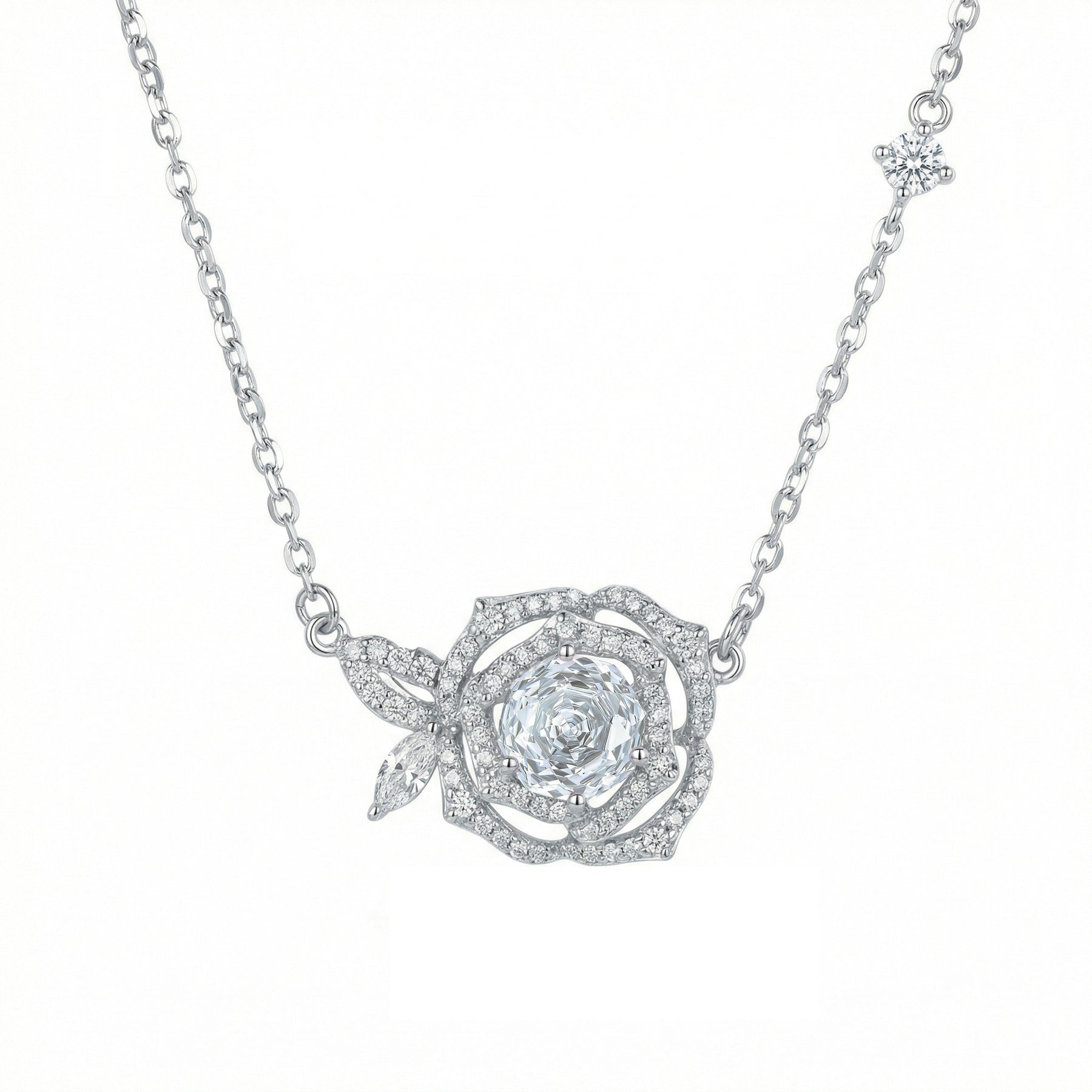 Rose Pendant Necklace with CZ Accents – zircon necklace, side detail