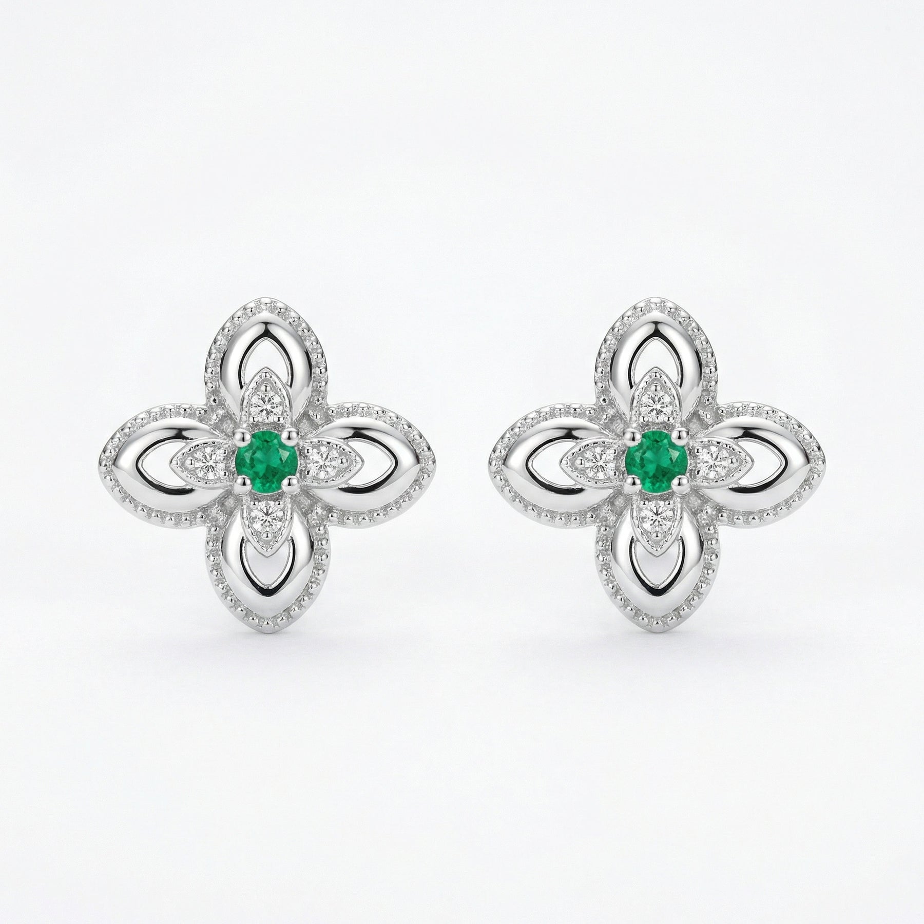Green stone Floral Studs, Milgrain Detail – green stone earrings