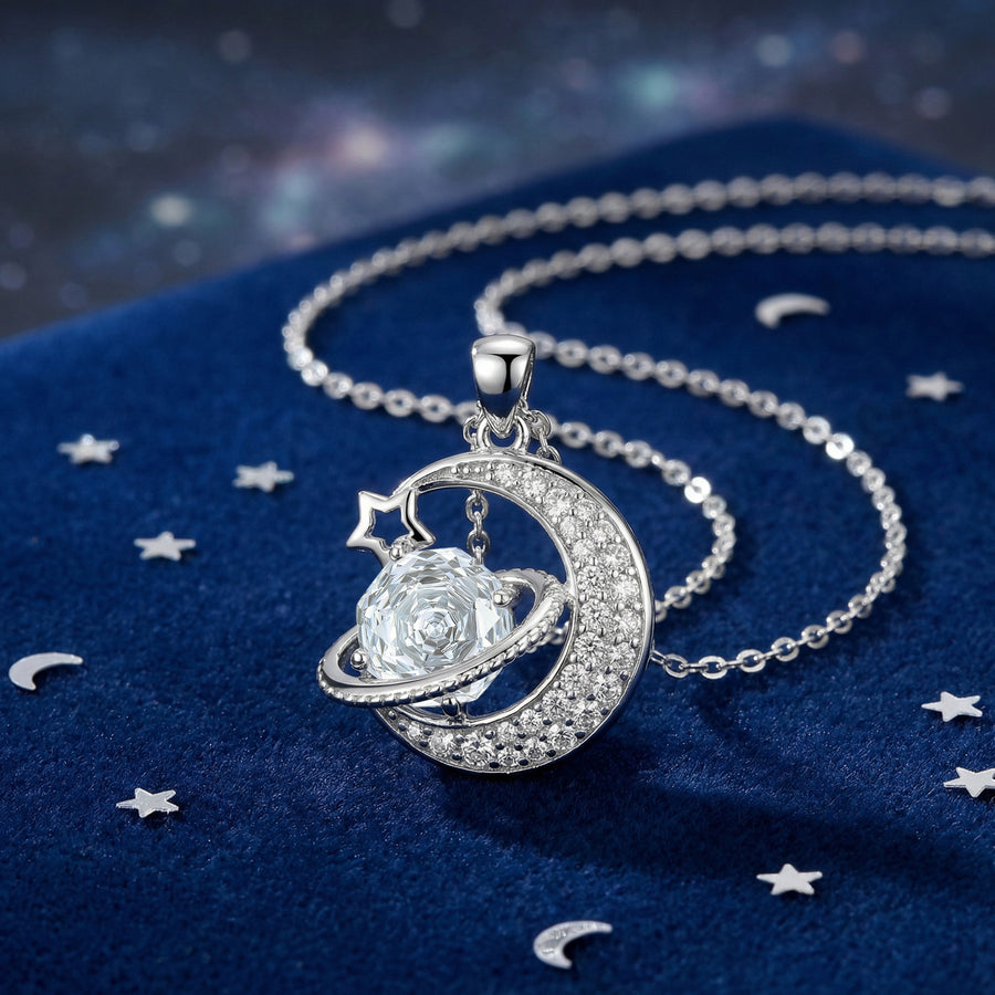 Crescent Moon and Planet Necklace – sterling silver necklace, close-up