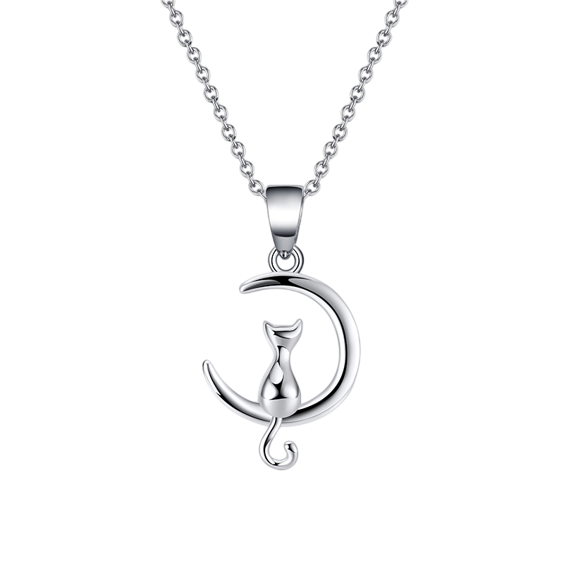 Cat on Crescent Moon Pendant Necklace – sterling silver necklace, close-up