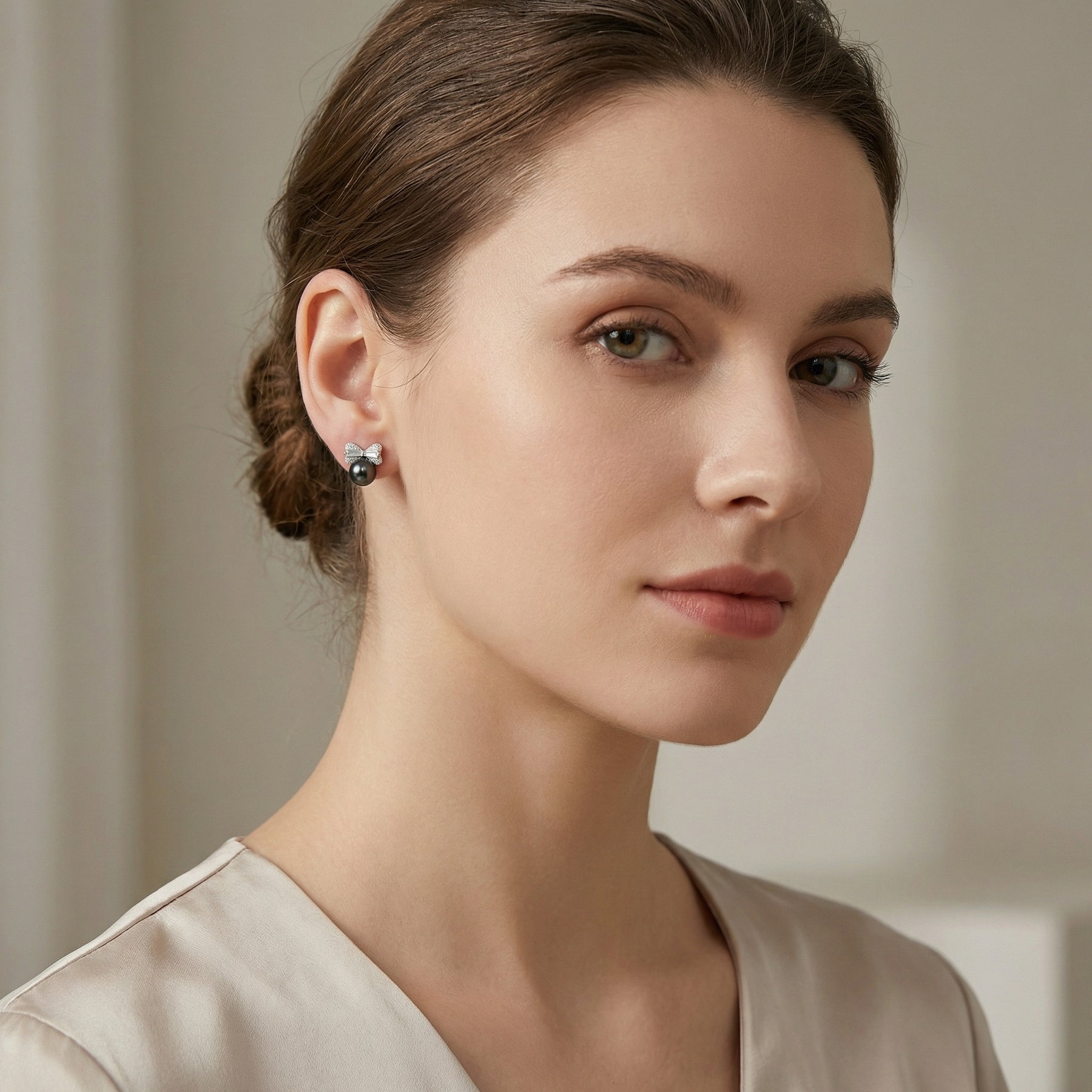 Tahitian Pearl Bow Stud Earrings – pearl earrings, front view