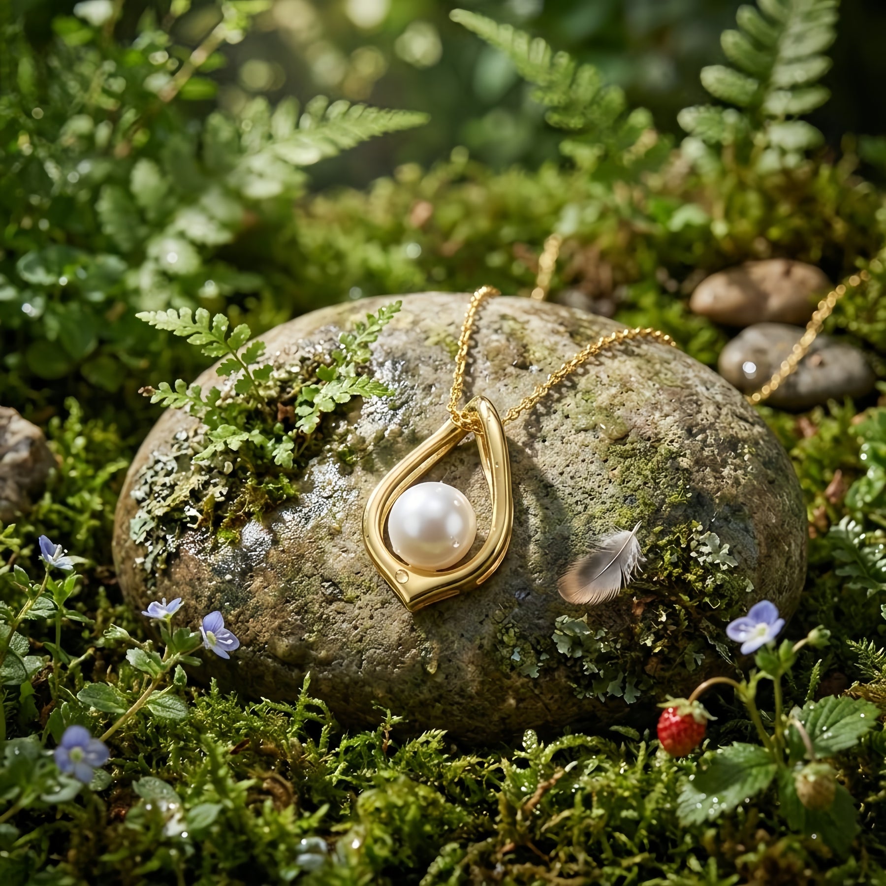 Pearl Teardrop Pendant, Gilded Finish – pearl necklace, close-up