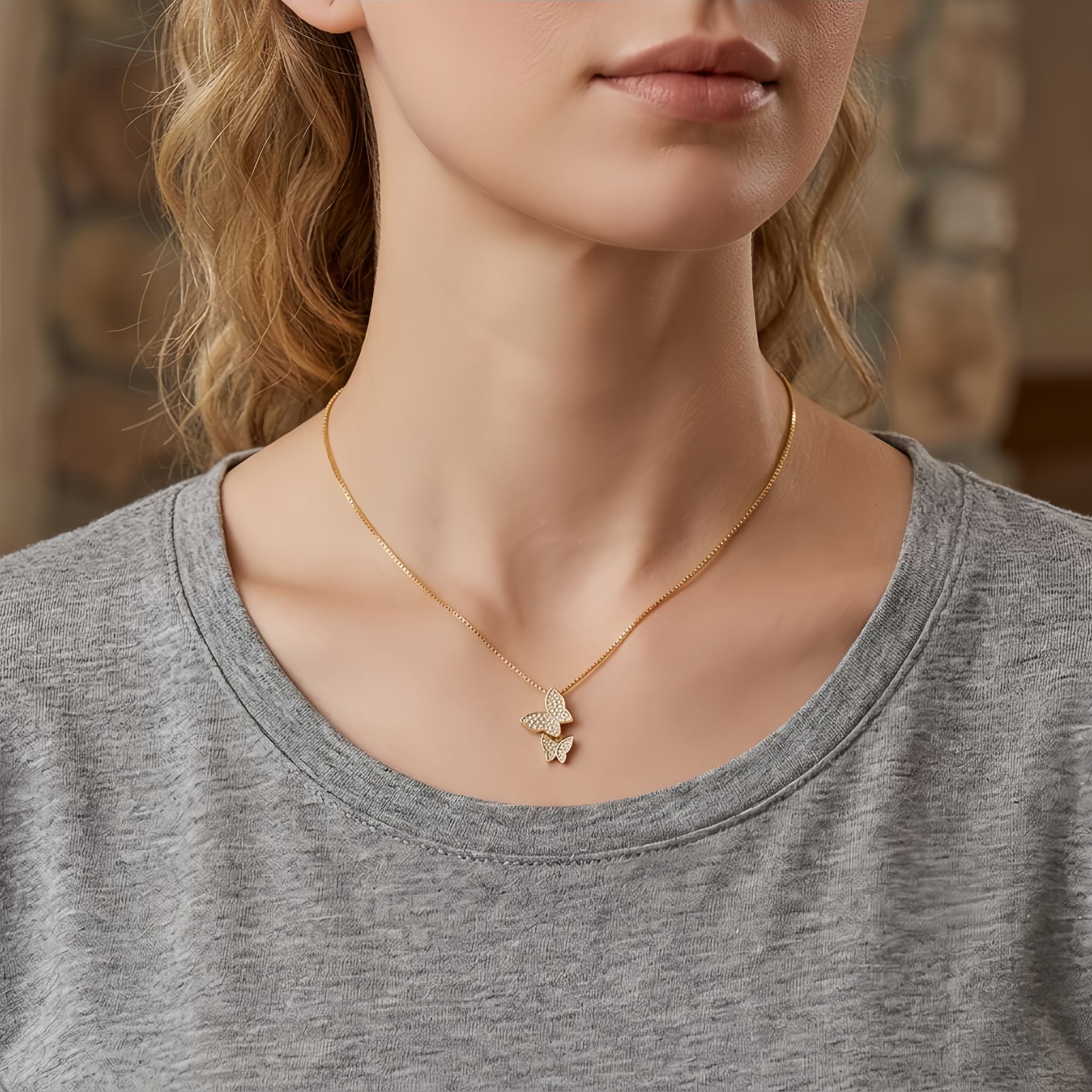 Double Butterfly CZ Necklace – zircon necklace, front view