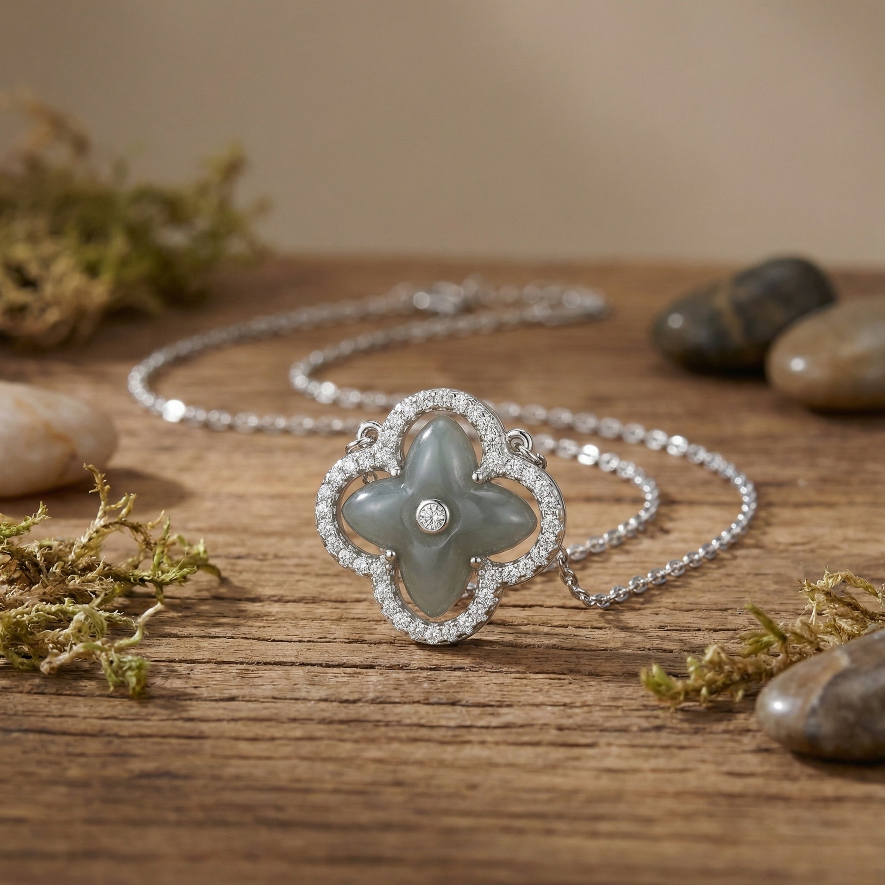 Green Jade Clover Flower Necklace – jade necklace, front view