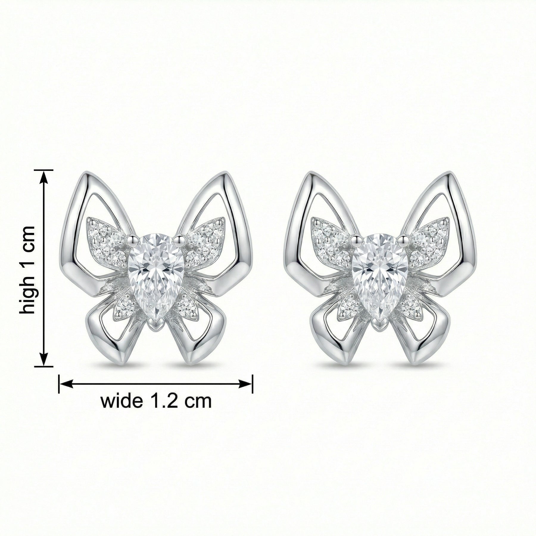 Silver Butterfly Studs, Pear Accents – sterling silver earrings, side detail