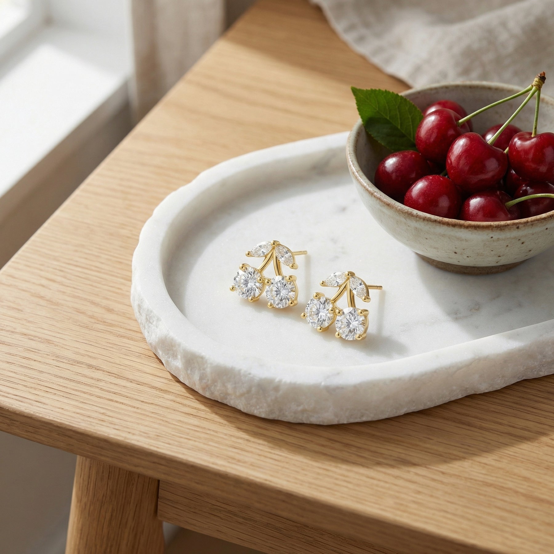 Cherry Stud Earrings with Leaf Accents – sterling silver earrings, front view