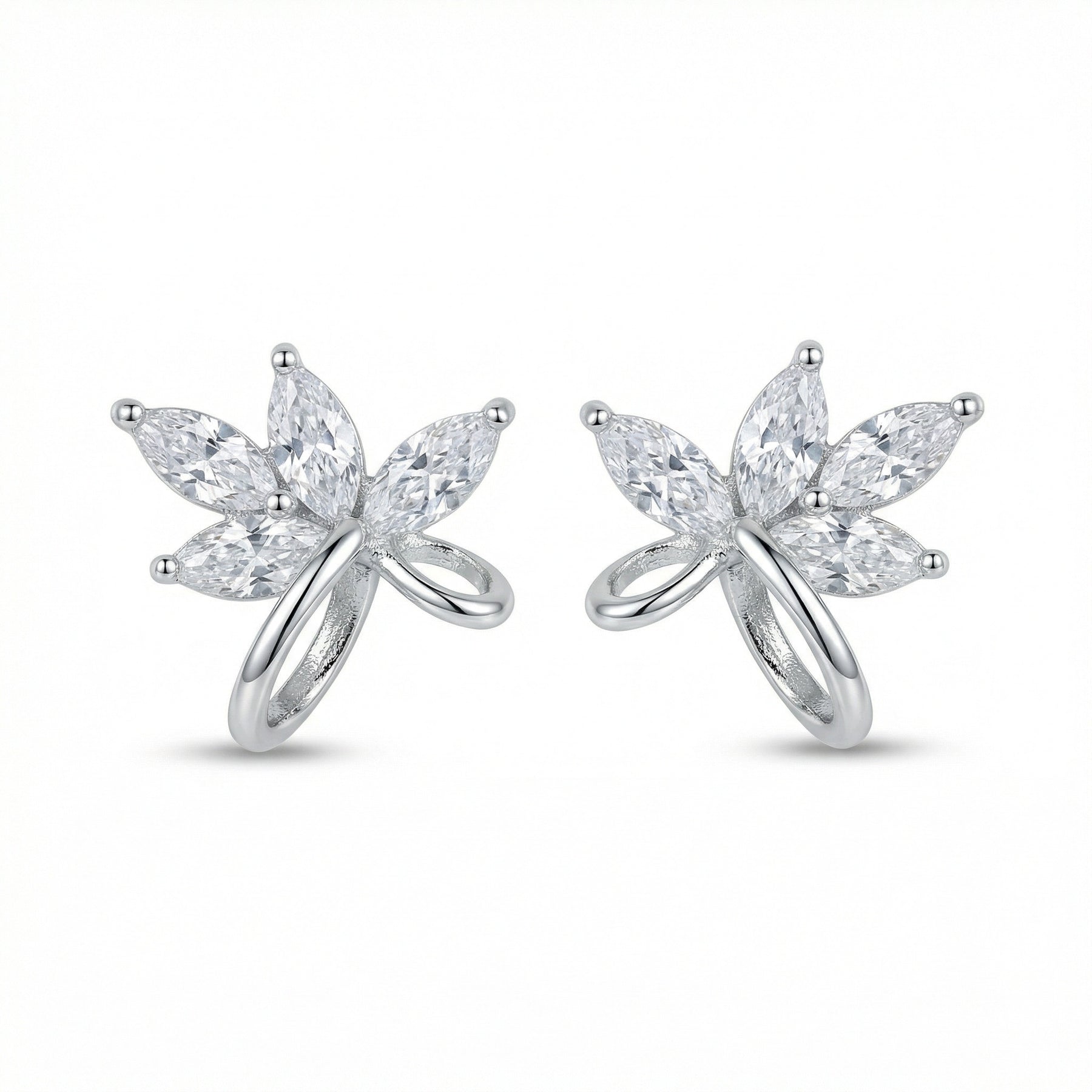 Marquise-Cut Floral Stud Earrings – sterling silver earrings, close-up