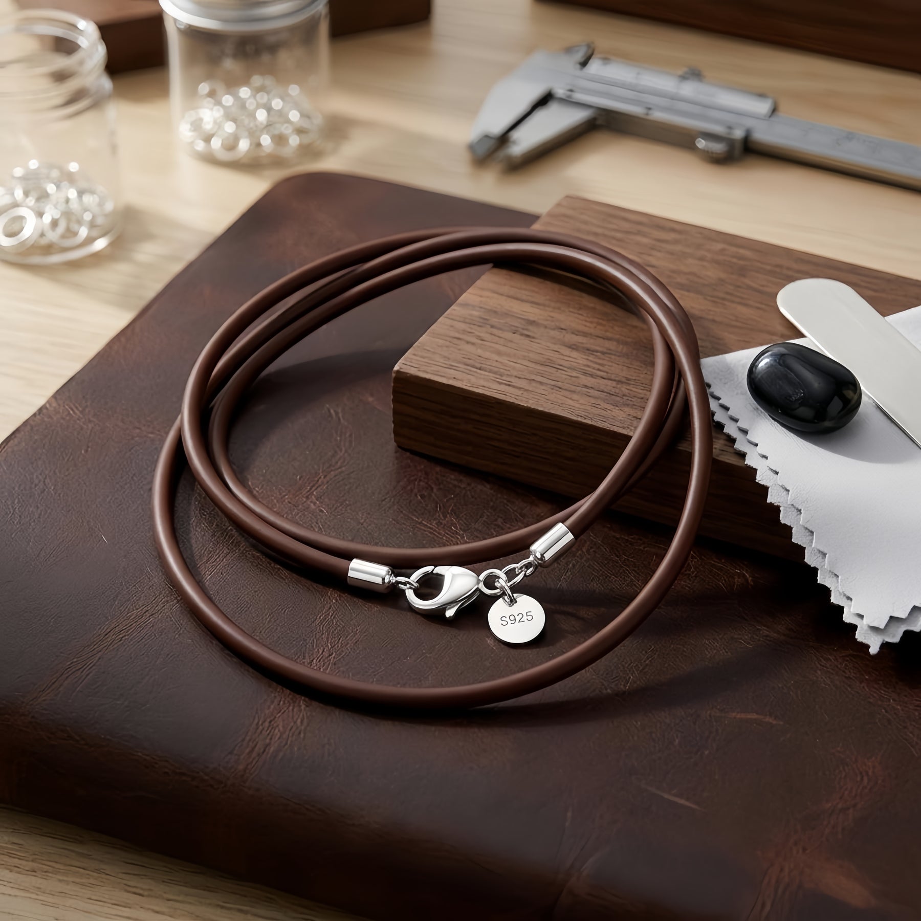 Brown Cord Necklace with S Charm – sterling silver necklace, front view