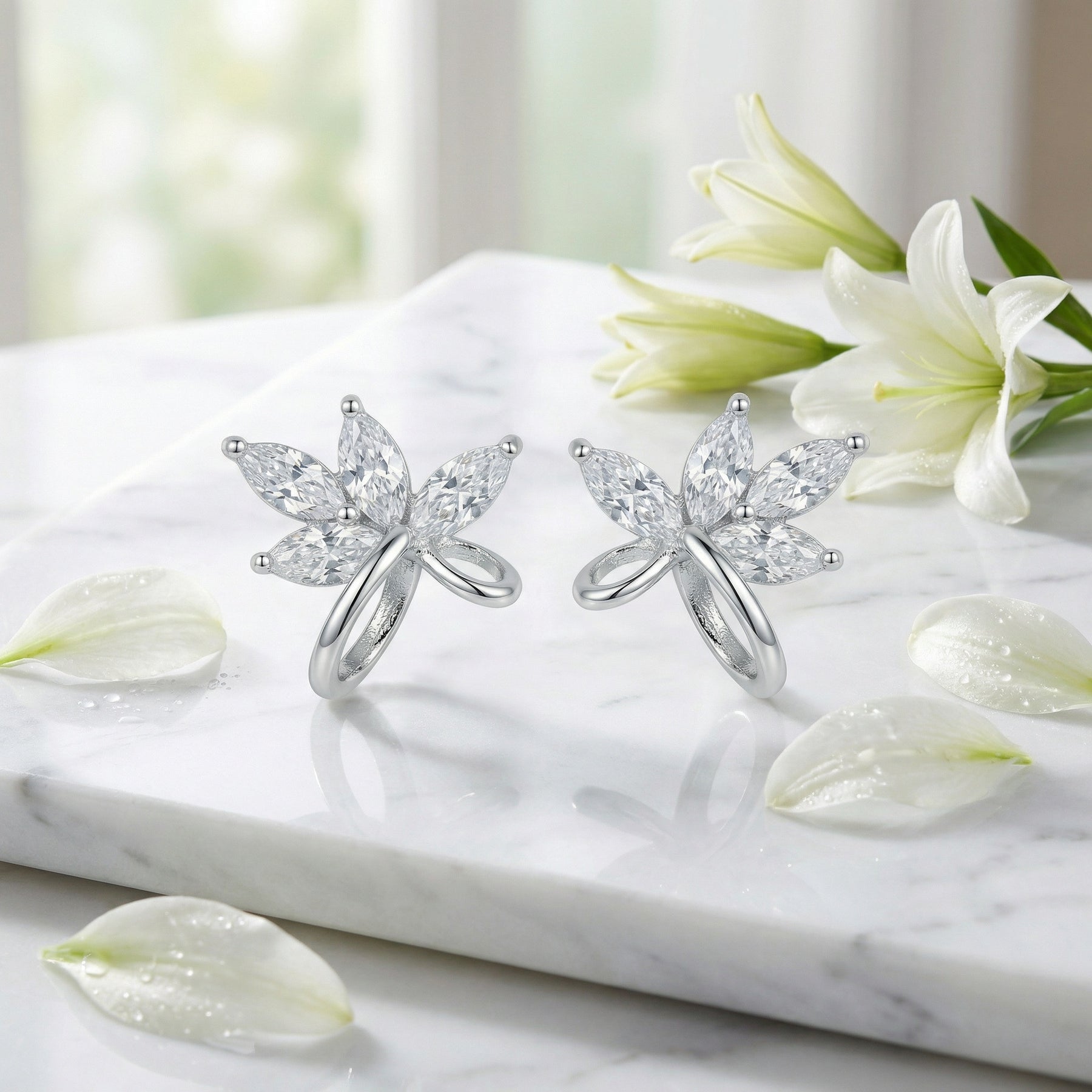 Marquise-Cut Floral Stud Earrings – sterling silver earrings, front view