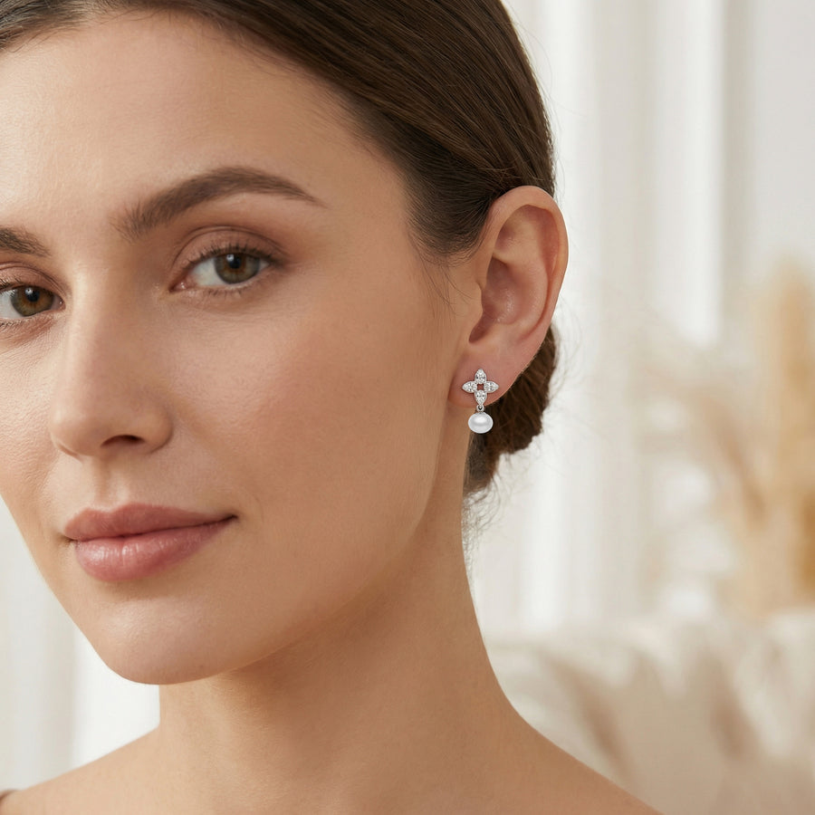 Floral Marquise Cluster Pearl Drops – pearl earrings, front view
