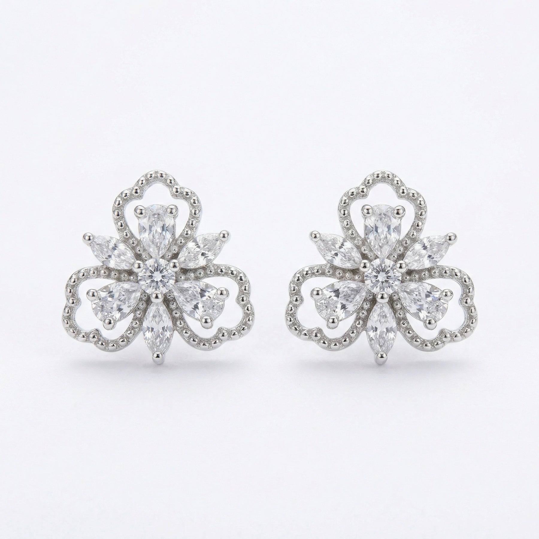 Floral Trefoil Marquise Stud Earrings – sterling silver earrings, close-up