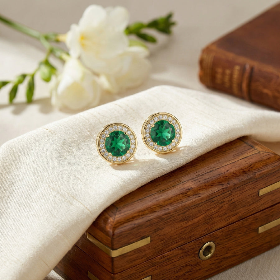Round Green stone Halo Stud Earrings – green stone earrings