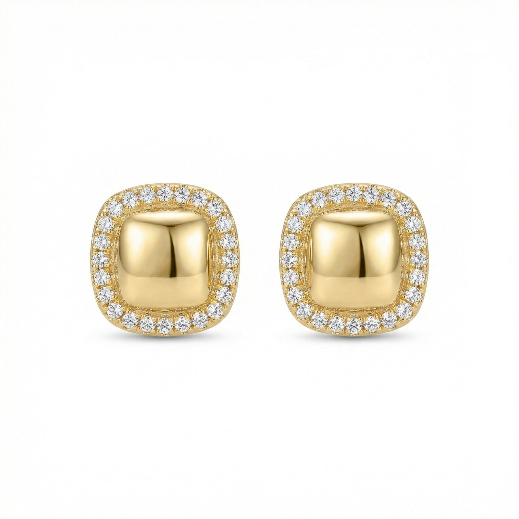 Cushion Halo Studs, Polished Center – sterling silver earrings, close-up