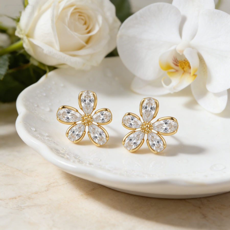 Pear-Cut Crystal Floral Studs, Gilded – crystal earrings, front view
