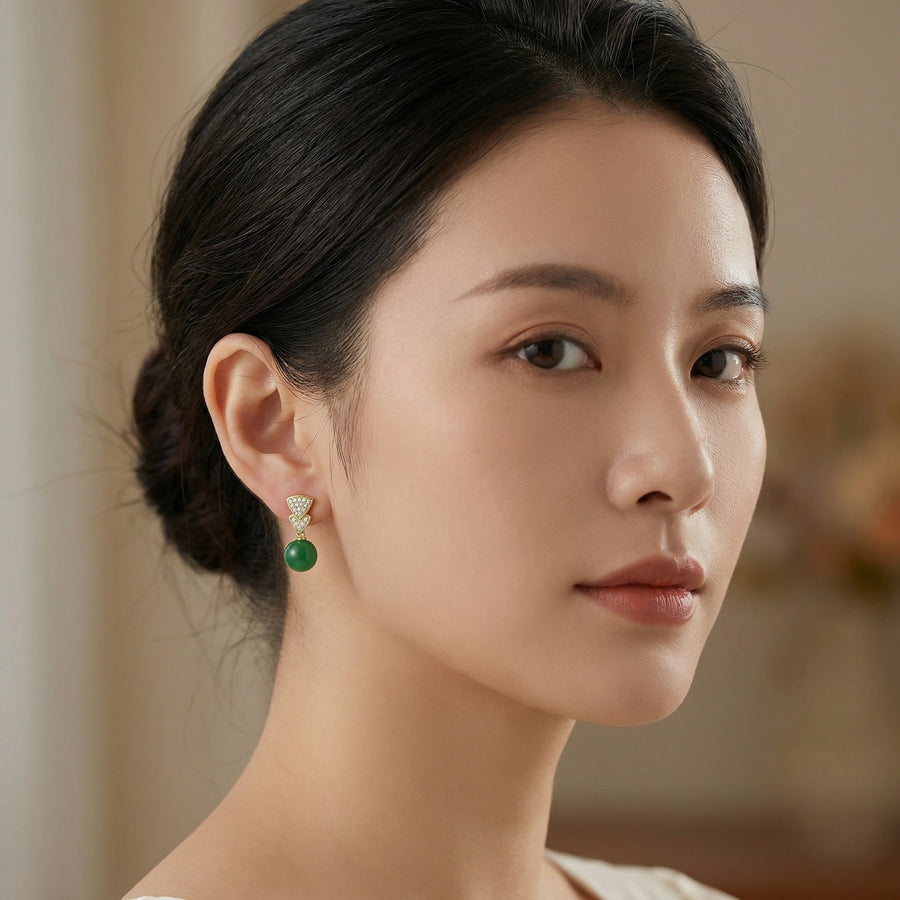 Geometric Green Sphere Drop Earrings – sterling silver earrings, front view