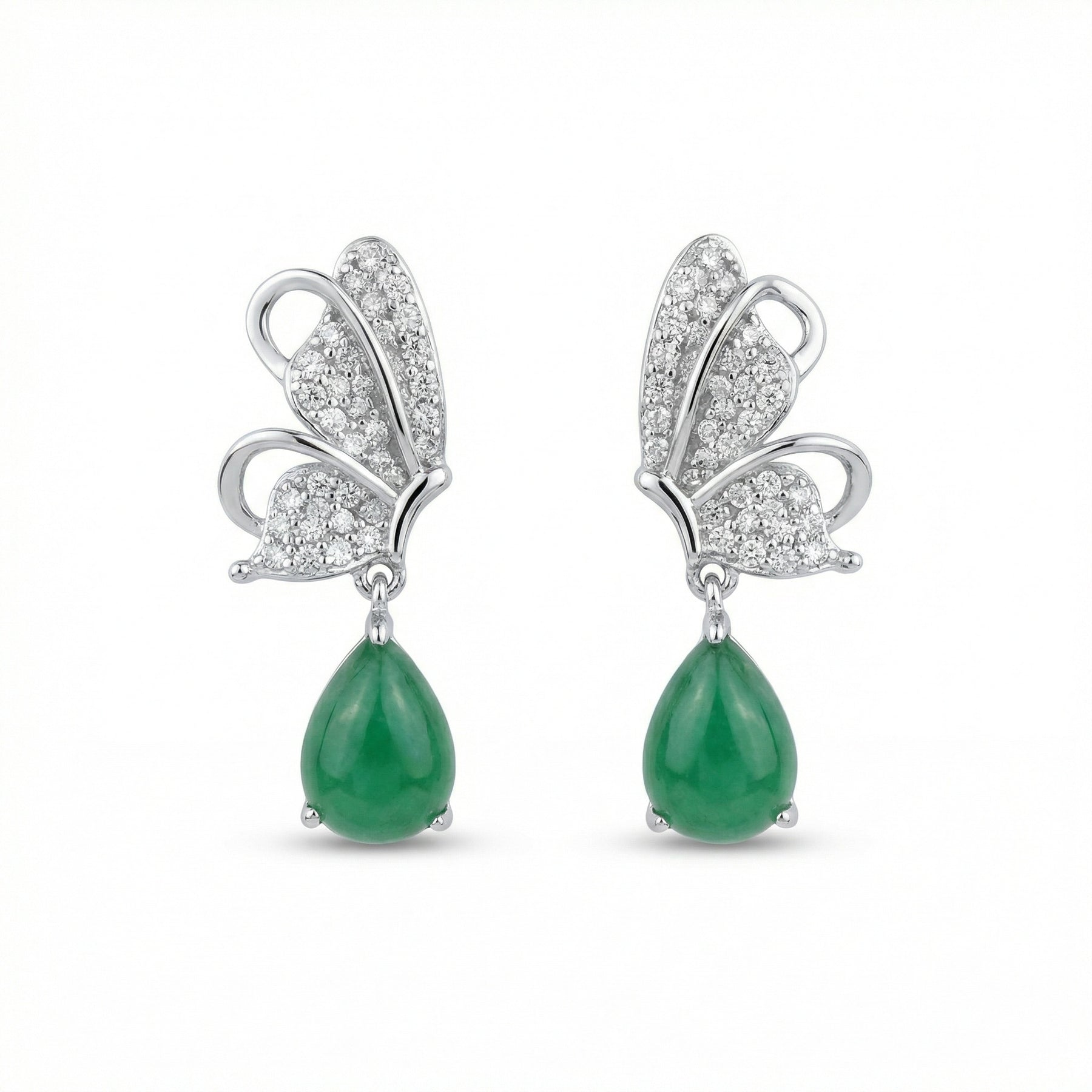 Butterfly Drops with Green Teardrop Stones – sterling silver earrings, close-up