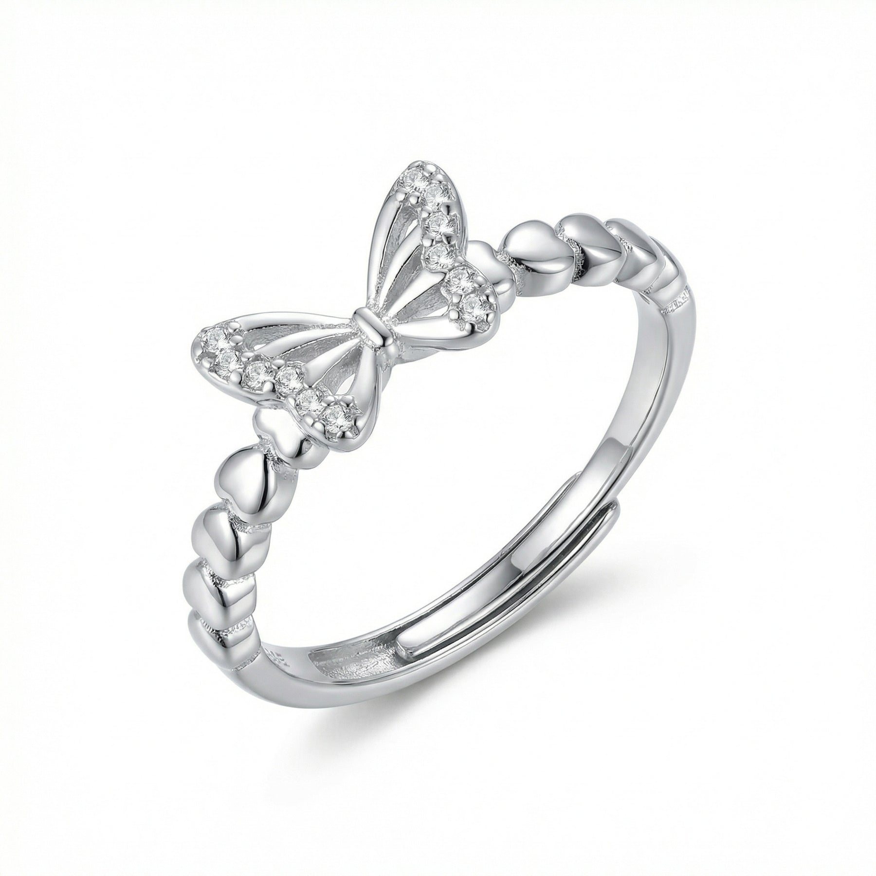 Butterfly Ring with Heart-Link Band – sterling silver ring, front view