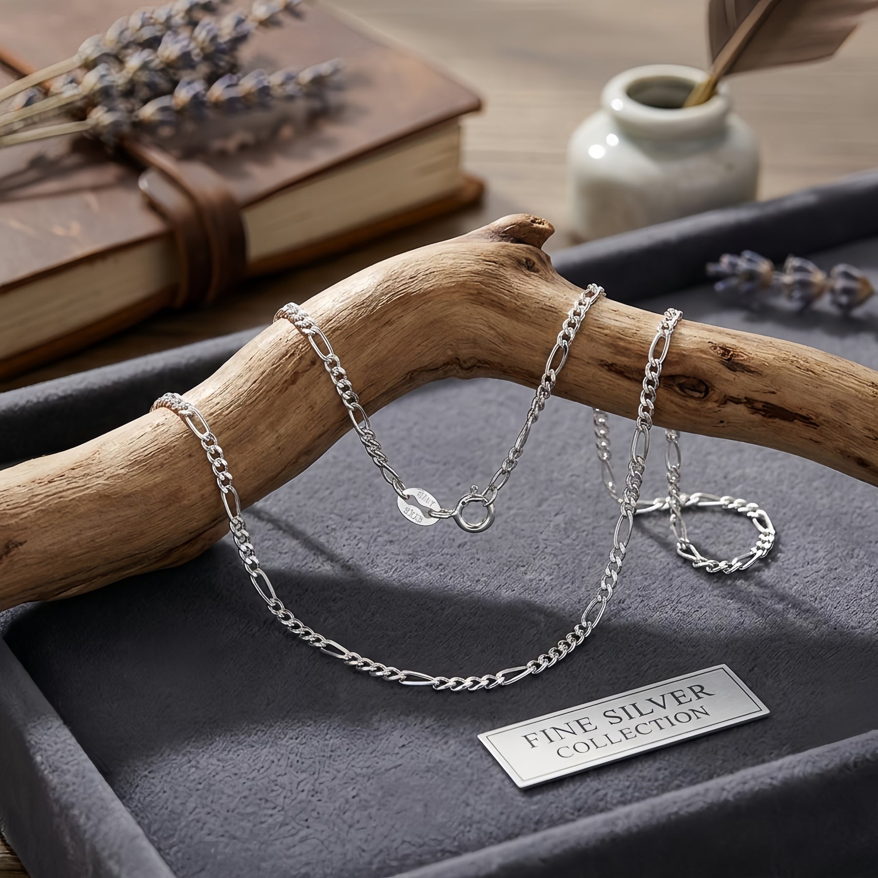 Italian Figaro Chain Necklace – sterling silver necklace, front view