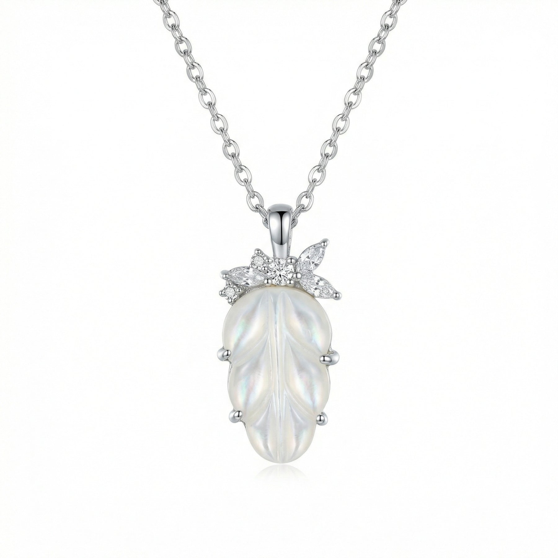 Mother-of-Pearl Leaf Necklace – mother-of-pearl necklace, close-up