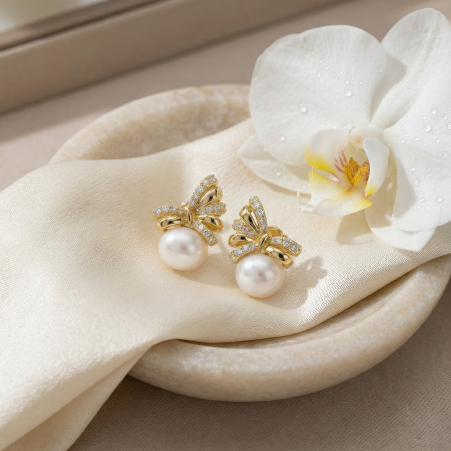 Pearl Bow Crystal Stud Earrings – pearl earrings, side detail
