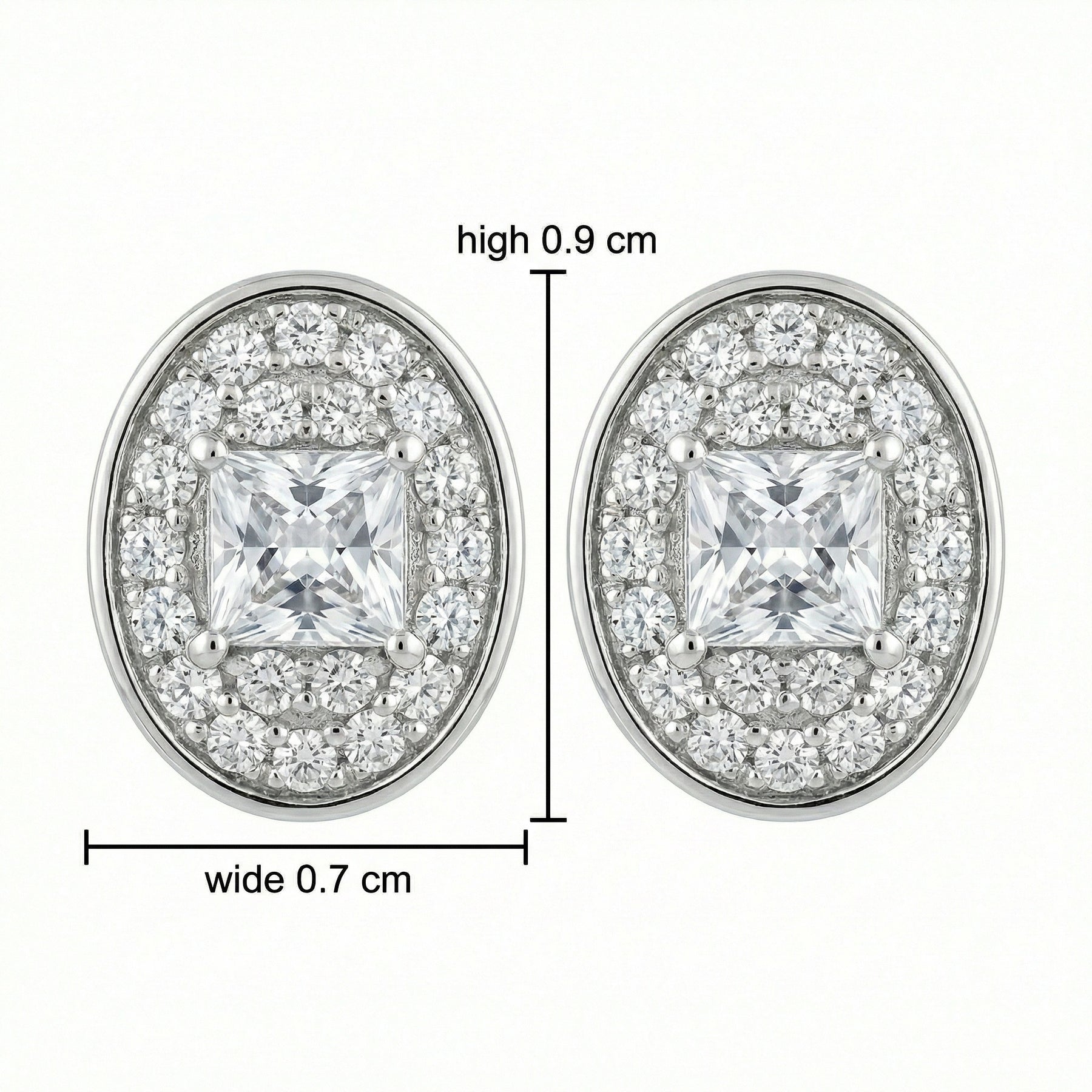 Oval Halo Princess-Cut Stud Earrings – sterling silver earrings, close-up