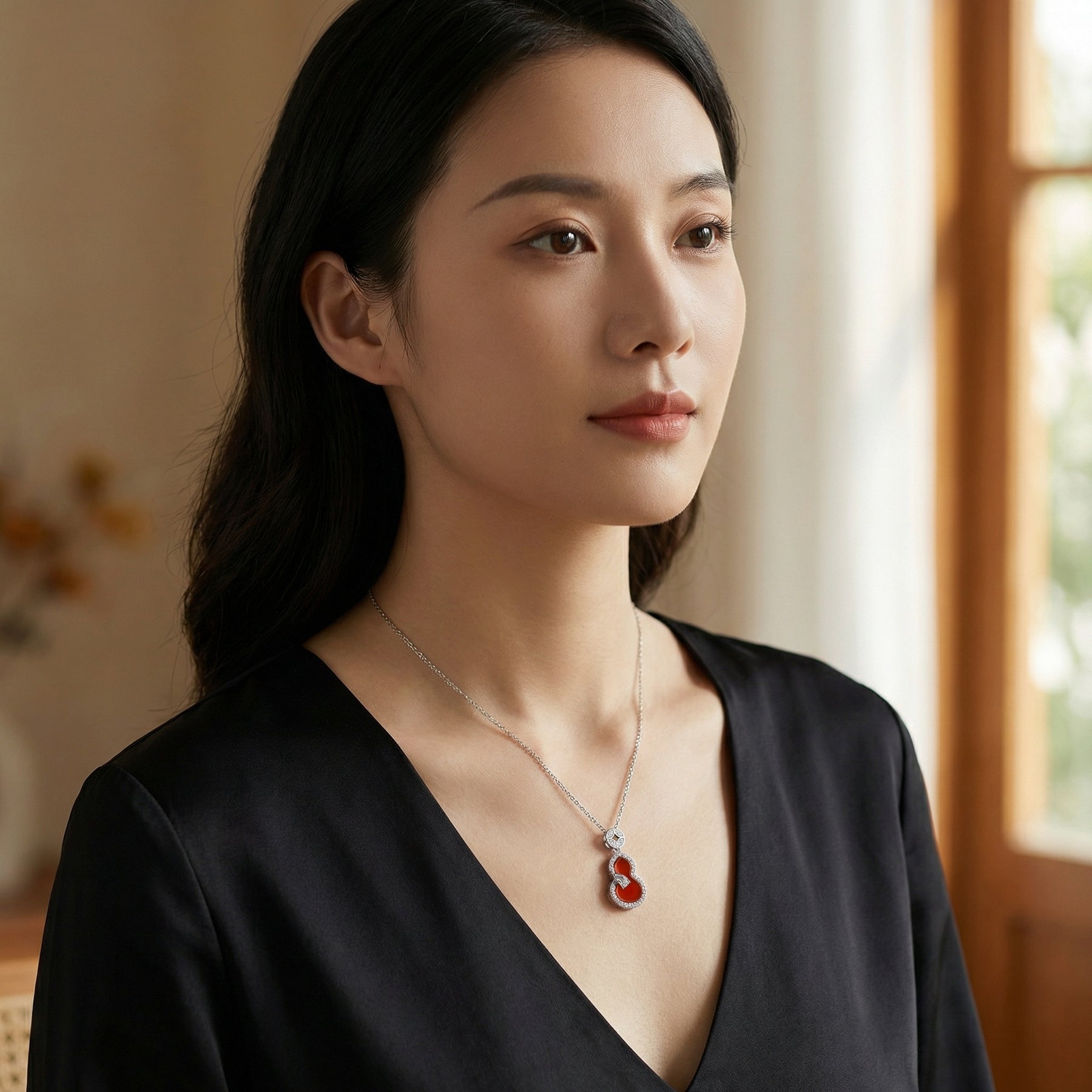 Red Carnelian Gourd Pendant Necklace – carnelian necklace, close-up