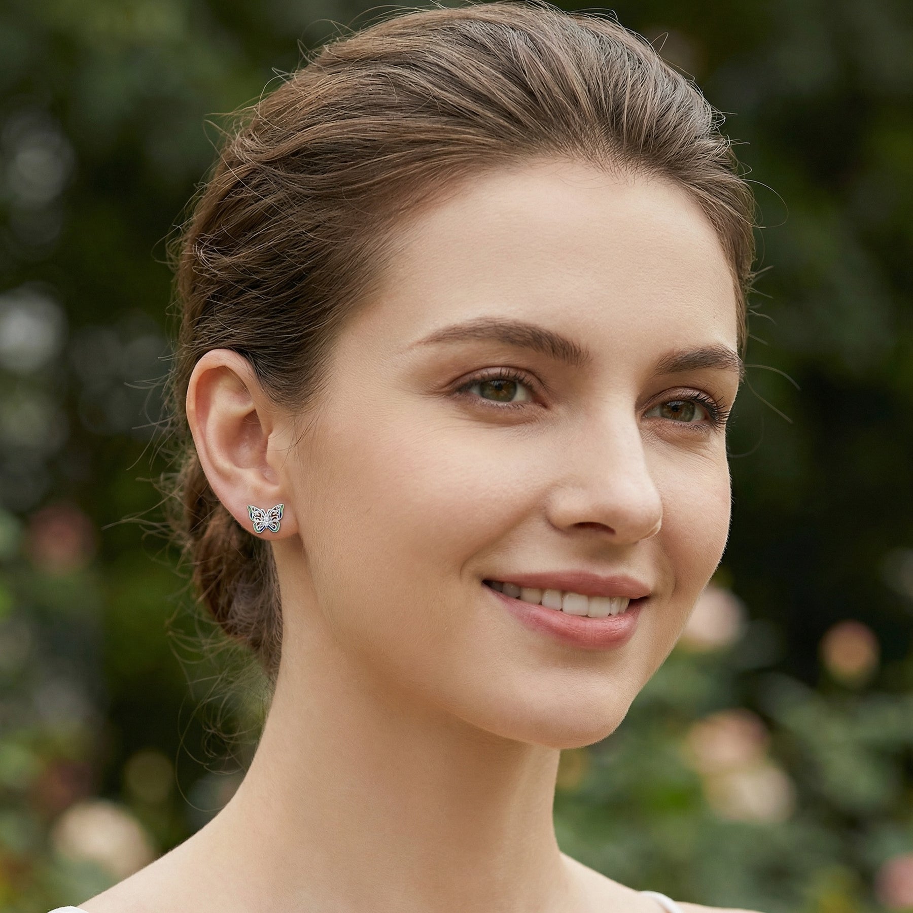 Enamel Butterfly Filigree Stud Earrings – sterling silver earrings, front view