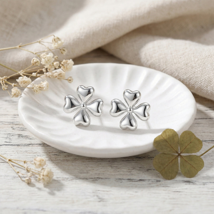 Heart-Petal Four-Leaf Clover Studs – sterling silver earrings, front view